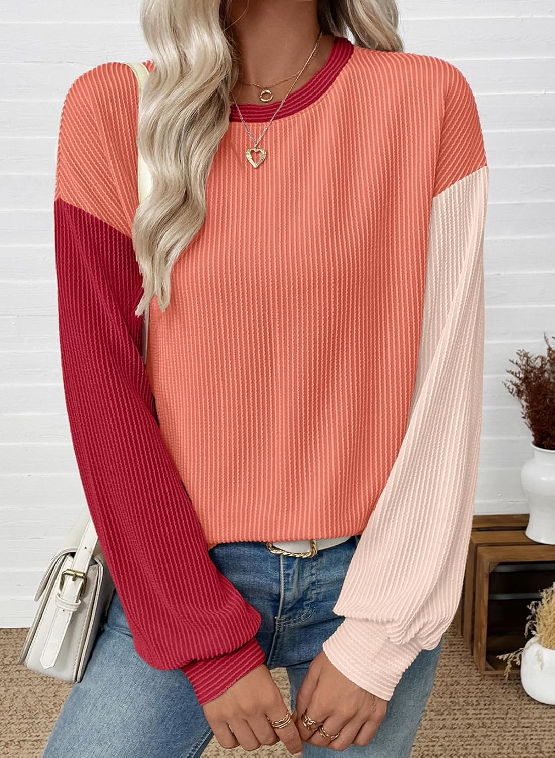 EVALESS Womens Long Sleeve Tops Fall Fashion 2026 Crewneck Color Block Ribbed Knit Casual Loose Fit Pullover Shirts - Image 3