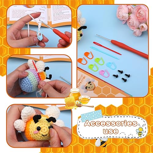 Miniatura 5 de Hssugi Kit de ganchillo para principiantes, kit de animales de ganchillo con tutoriales en video paso a paso, abeja de color, kit completo de inicio