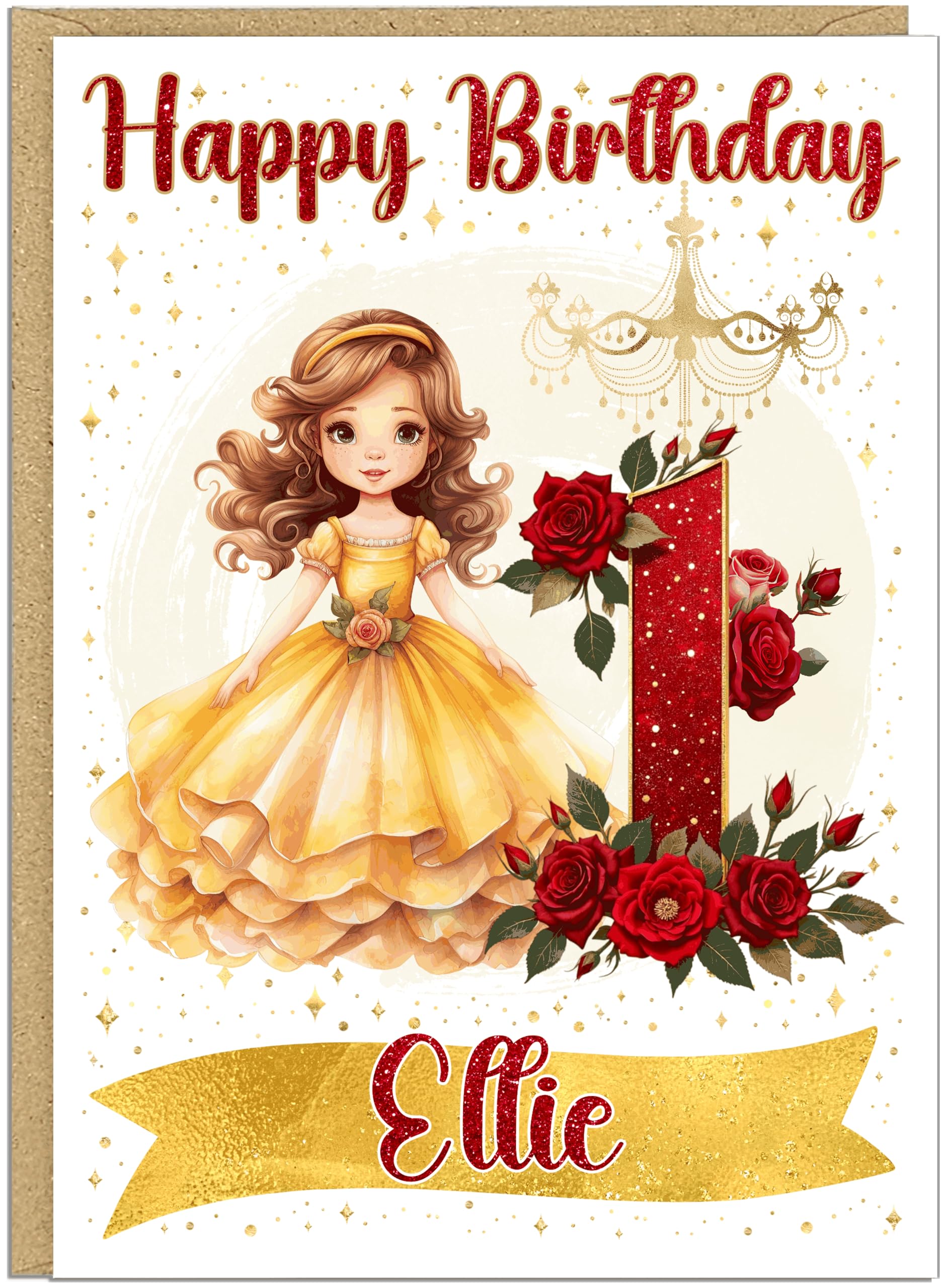 Personalised Age Happy Birthday Princess Card | Custom Child's Name Cards | Red Roses Yellow Princess Dress Design For Little Girls | Daughter Granddaughter Sister Friend Cards (Age 1)