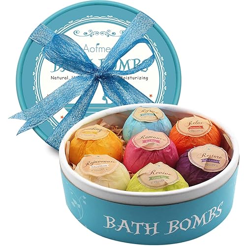 Aofmee Bath Bombs Gift Set, 7pcs Fizzies Spa Kit Perfect for Moisturizing Skin, Birthday Valentines Mothers Day Anniversary Christmas Best Gifts Ideas for Women, Mum, Girls, Her, Kids - Relaxing and Pleasing Gift Set(1 Box)