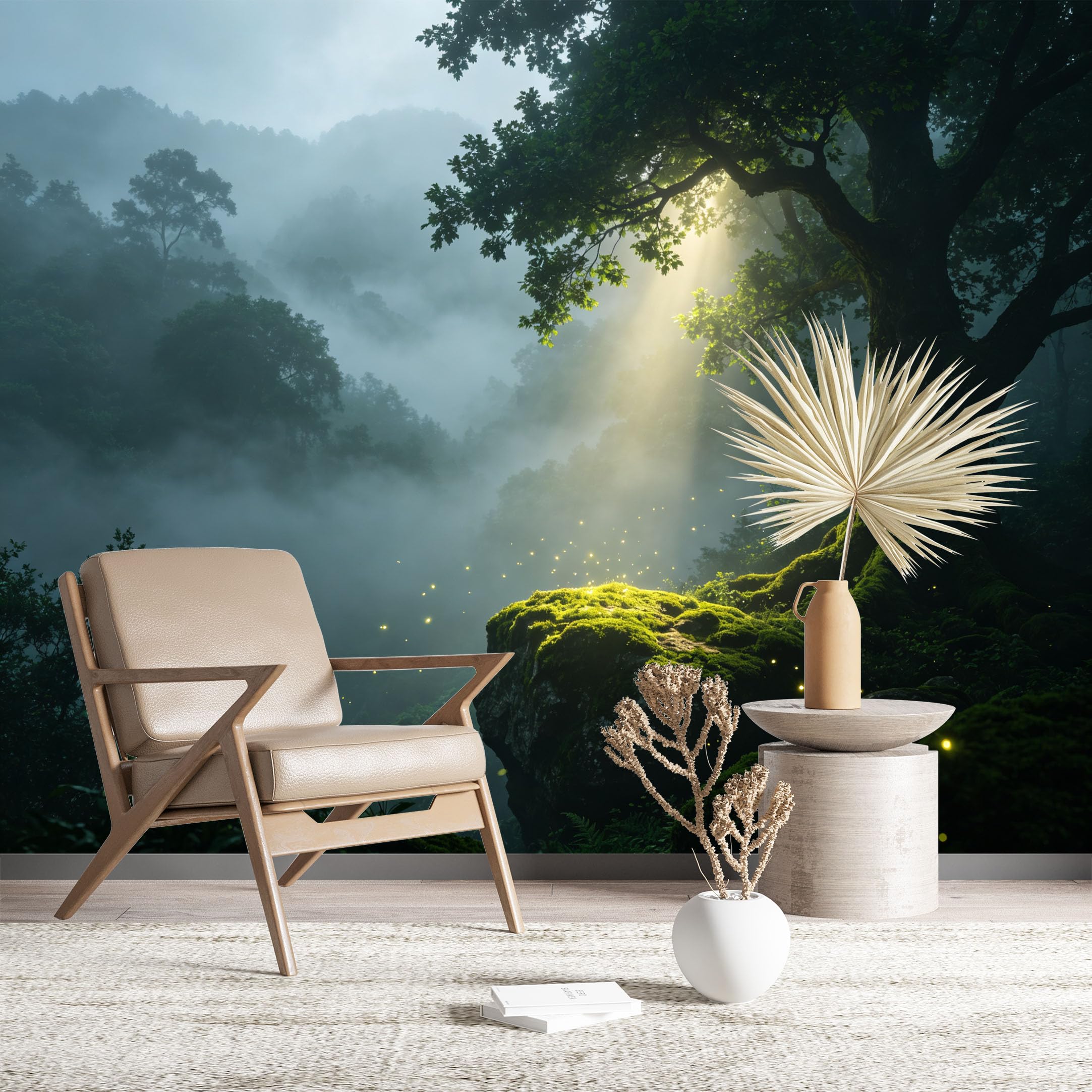Custom Size Wall Murals Misty Forest with Sunlight and Fireflies HD Self-Adhesive Wall Fabric (NO PVC) Removable Wallpaper for Living Room Bedroom