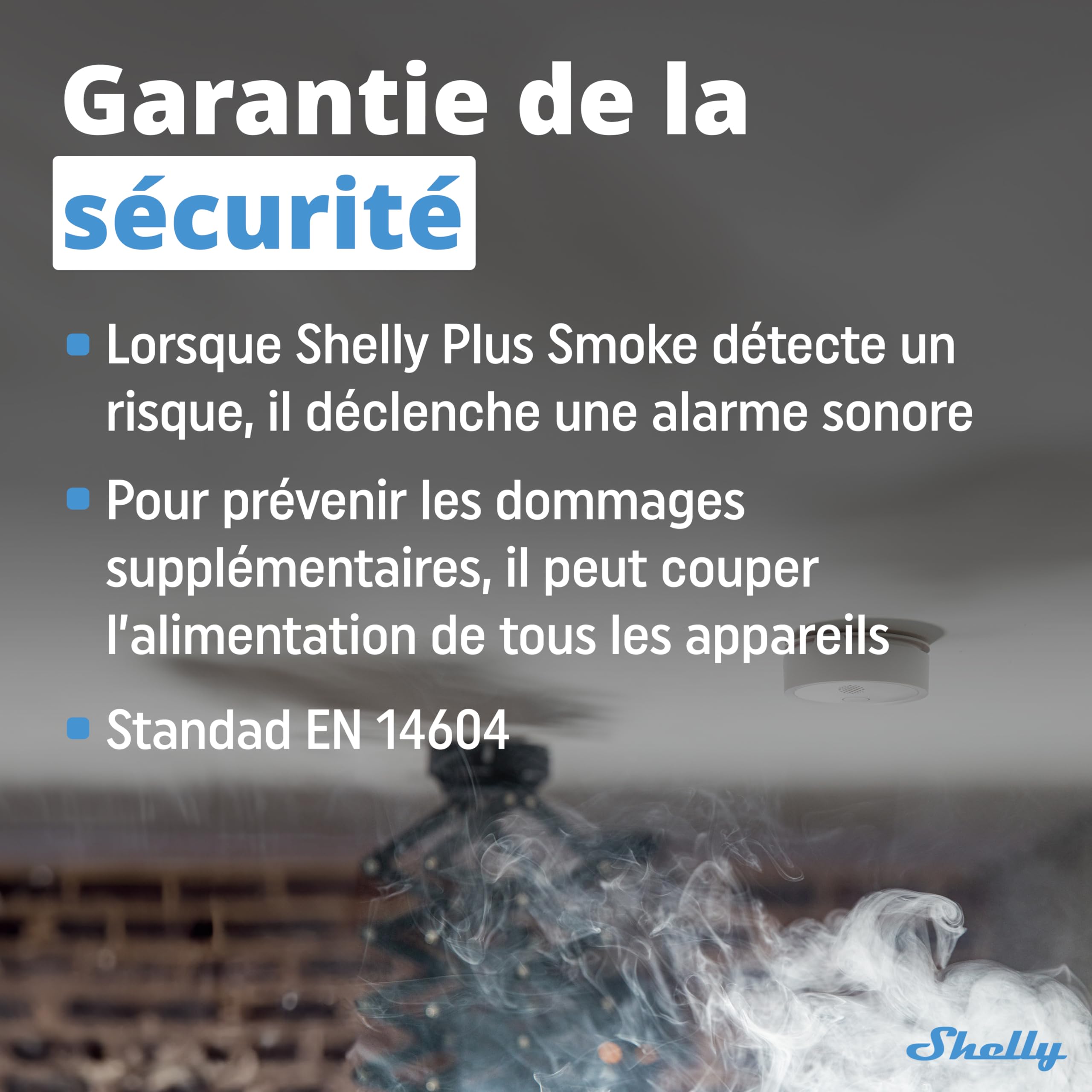 Shelly Plus Smoke Alarm - Détecteur de fumée connecté, Alarme Incendie Wi-FI sonore et Lumineuse, Conforme à la Norme EN14604, Notification app immédiate, Pile 5 Ans remplaçable