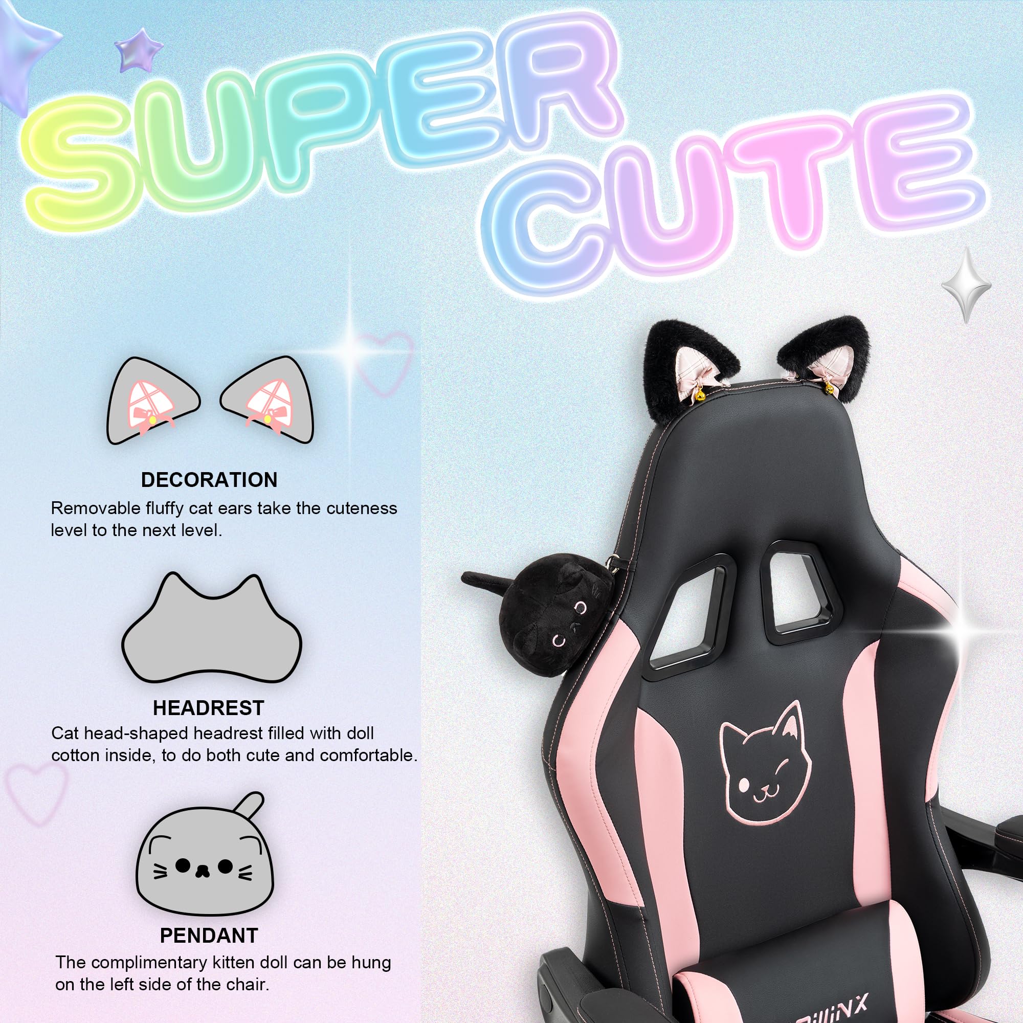 Dowinx Gaming Chair Cute with Cat Ears and Massage Lumbar Support