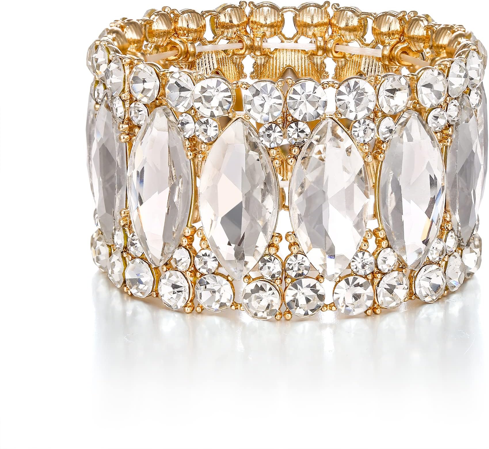 Wedding Bridal Elegant Crystal Double Row Rhinestones Marquise Cluster Stretch Bangle Bracelet for Bride