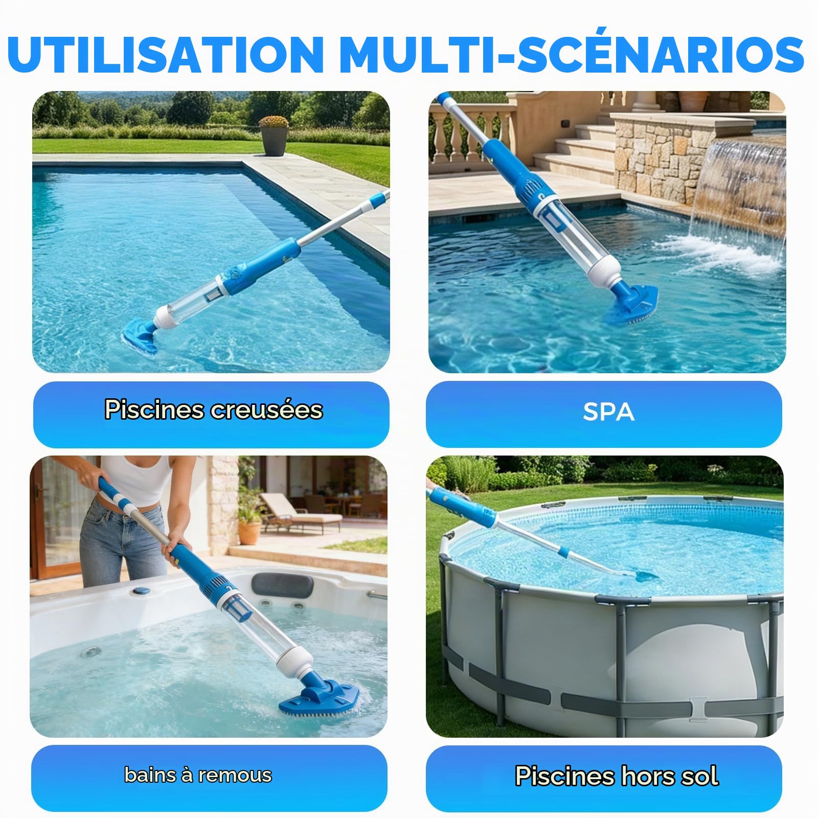 Bostar Aspirateur de piscine 3 en 1 avec batterie avec barre télescopique, 35 l/min, aspirateur à main sans fil avec filtre, aspirateur de sol portable pour petites piscines spa