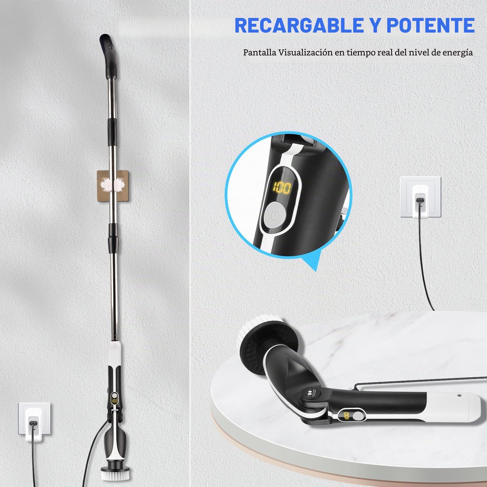 Cepillo Eléctrico Limpieza Hogar, Inalámbrico 129 cm con 8 Cabezas 450 RPM 6 Ángulos IPX7 Ajustables Cepillo Limpieza Baño para Azulejos, Cocina y Suelos