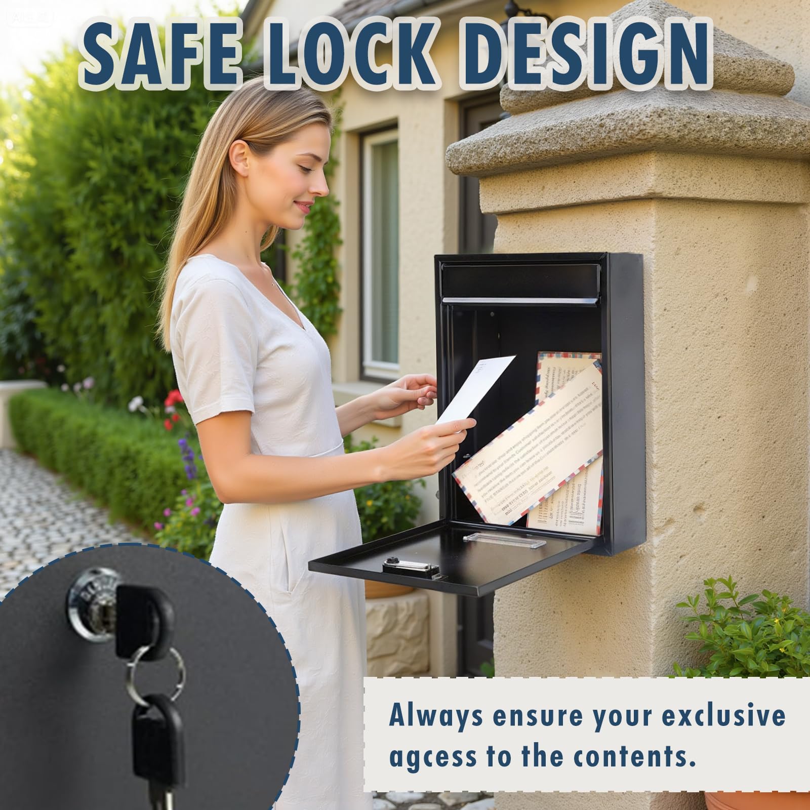 Post Boxes Wall Mounted Mailbox - Waterproof Steel Mail Box with with Keys 32 x 21.7 x 8.5cm, Security Large Letter Postbox For Outside Home Office School - Image 3