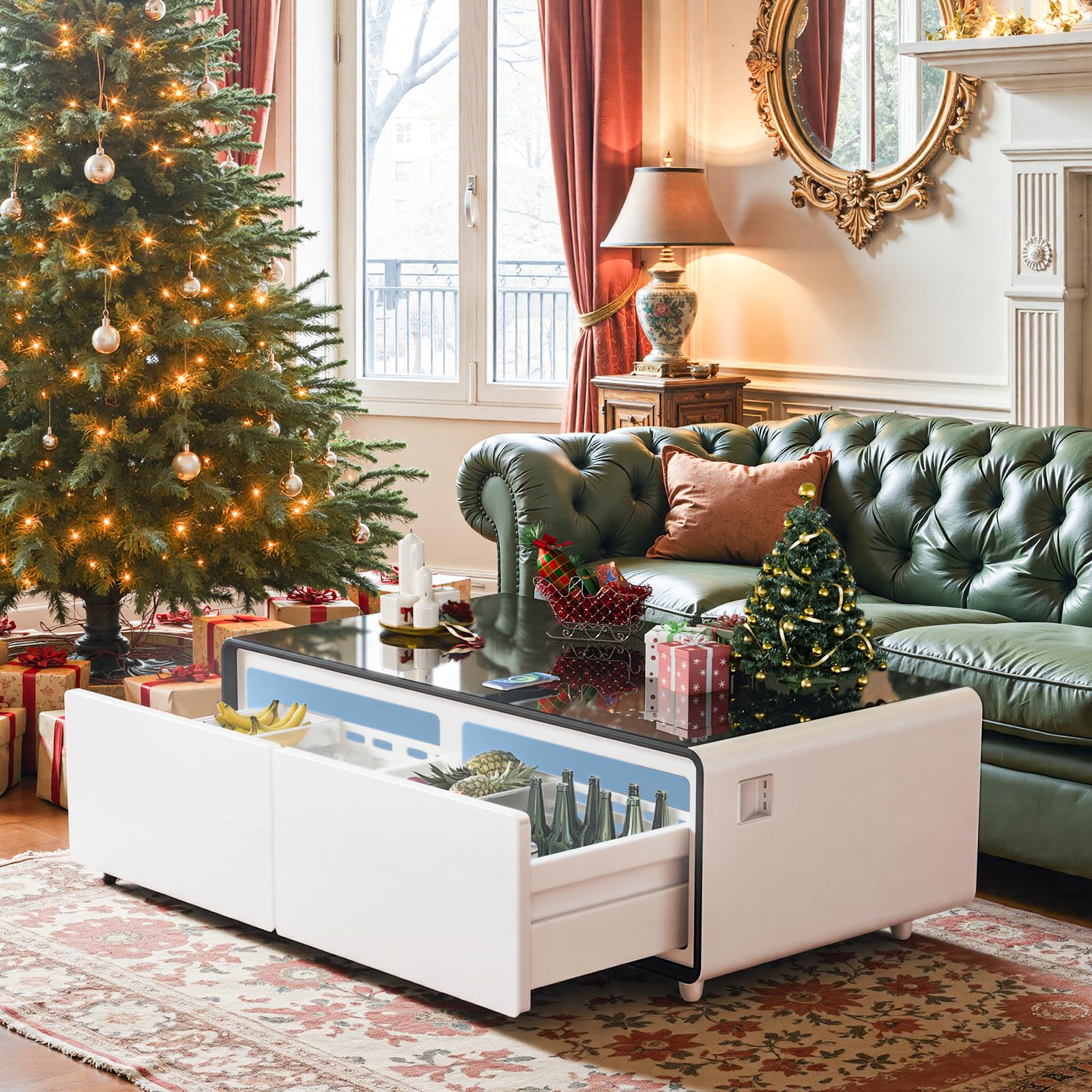 LIVTAB Smart Coffee Table, 27.7" D x 51" W x 18.1" H, Living Room Table with Built in Fridge and Speakers, Smart Table with 15W Wireless Charging, USB Chargers and 110V Outlets (White)