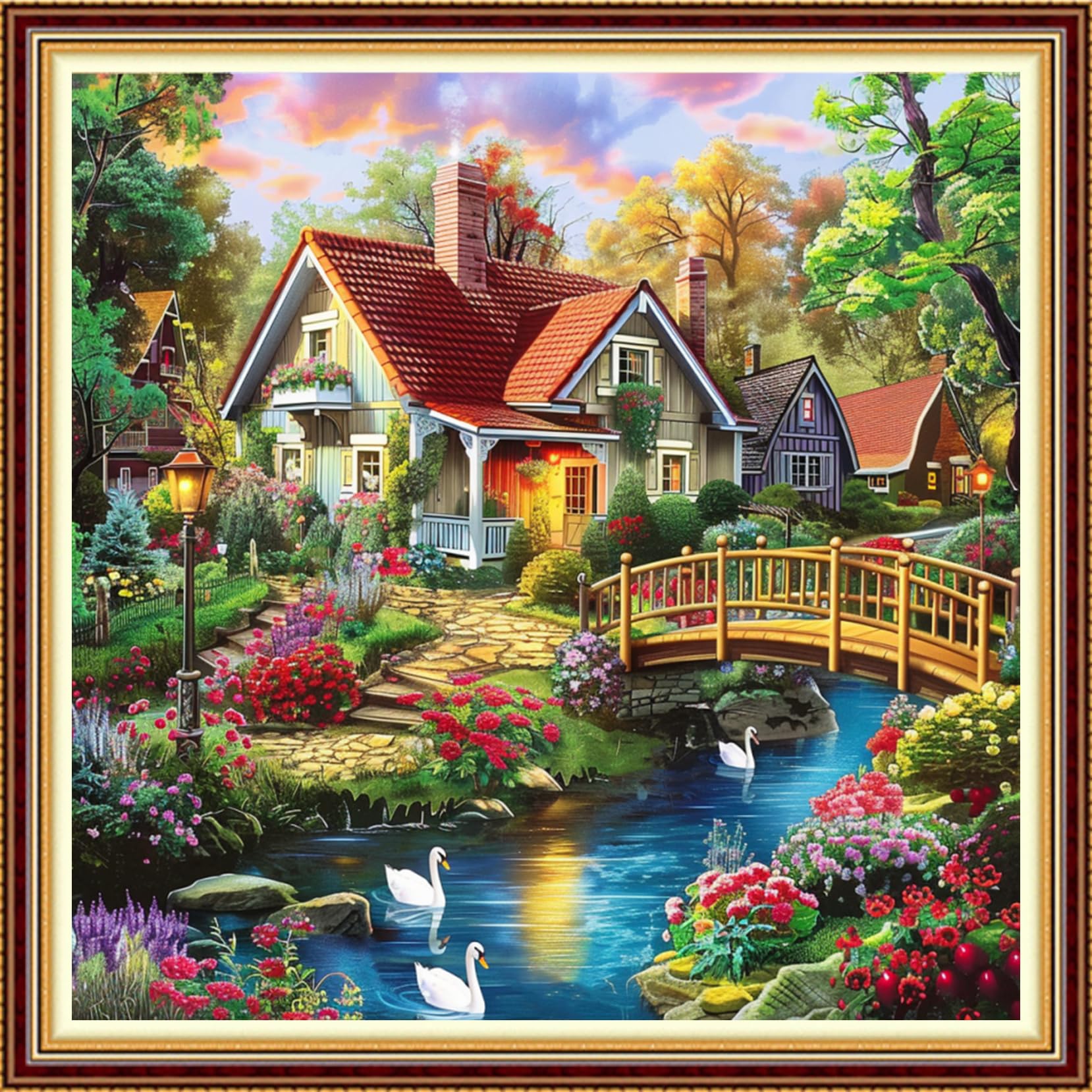 Fanxvivy Stamped Counted Cross Stitch Kits for Adults Printed Cross-Stitch Patterns 11CT Stamped or Counted Cross Stitching Embroidery Kit Needlepoint Kits-Swan Lake Homeland 18x18 inch