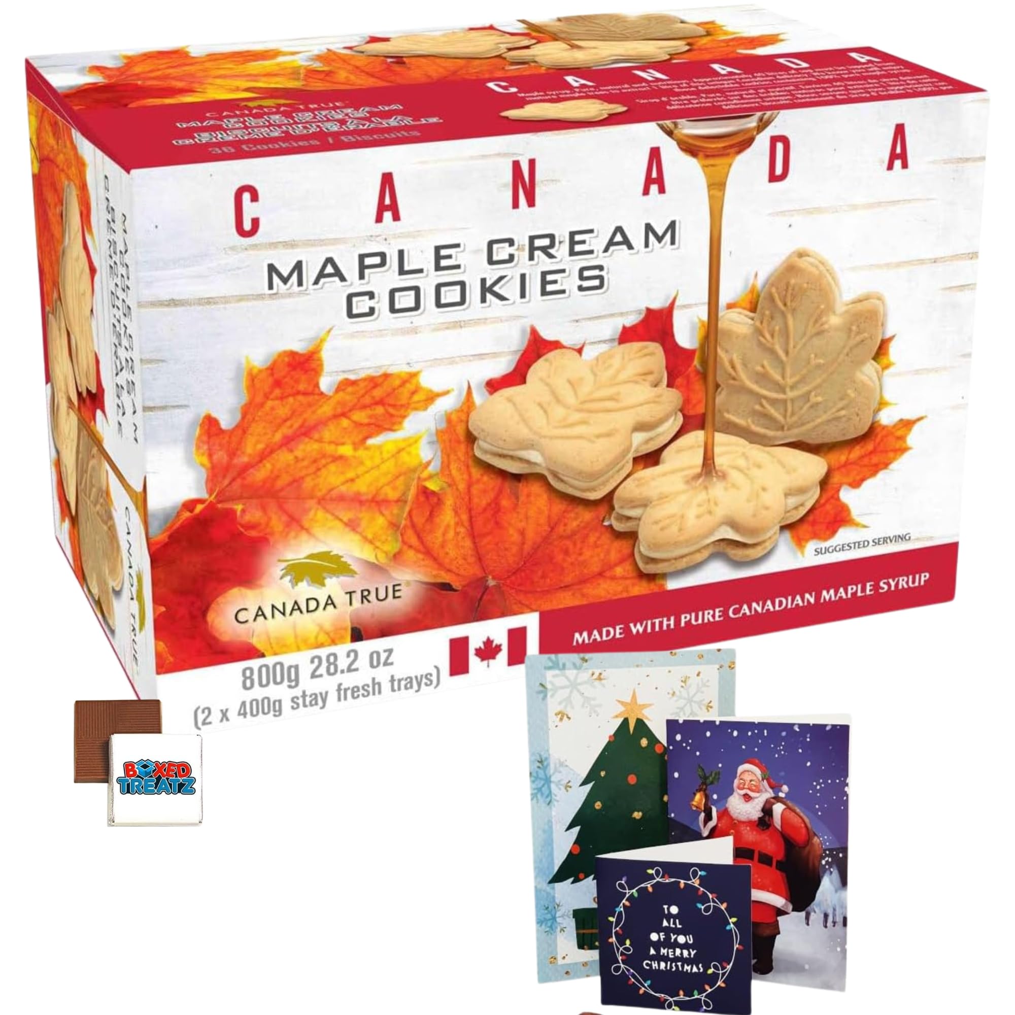Canada True Canadian Maple Cookies | Made With Pure Canadian Maple Syrup | Leaf Shaped Cookies | Cream Filled | 800g With Christmas Card Boxed Treatz