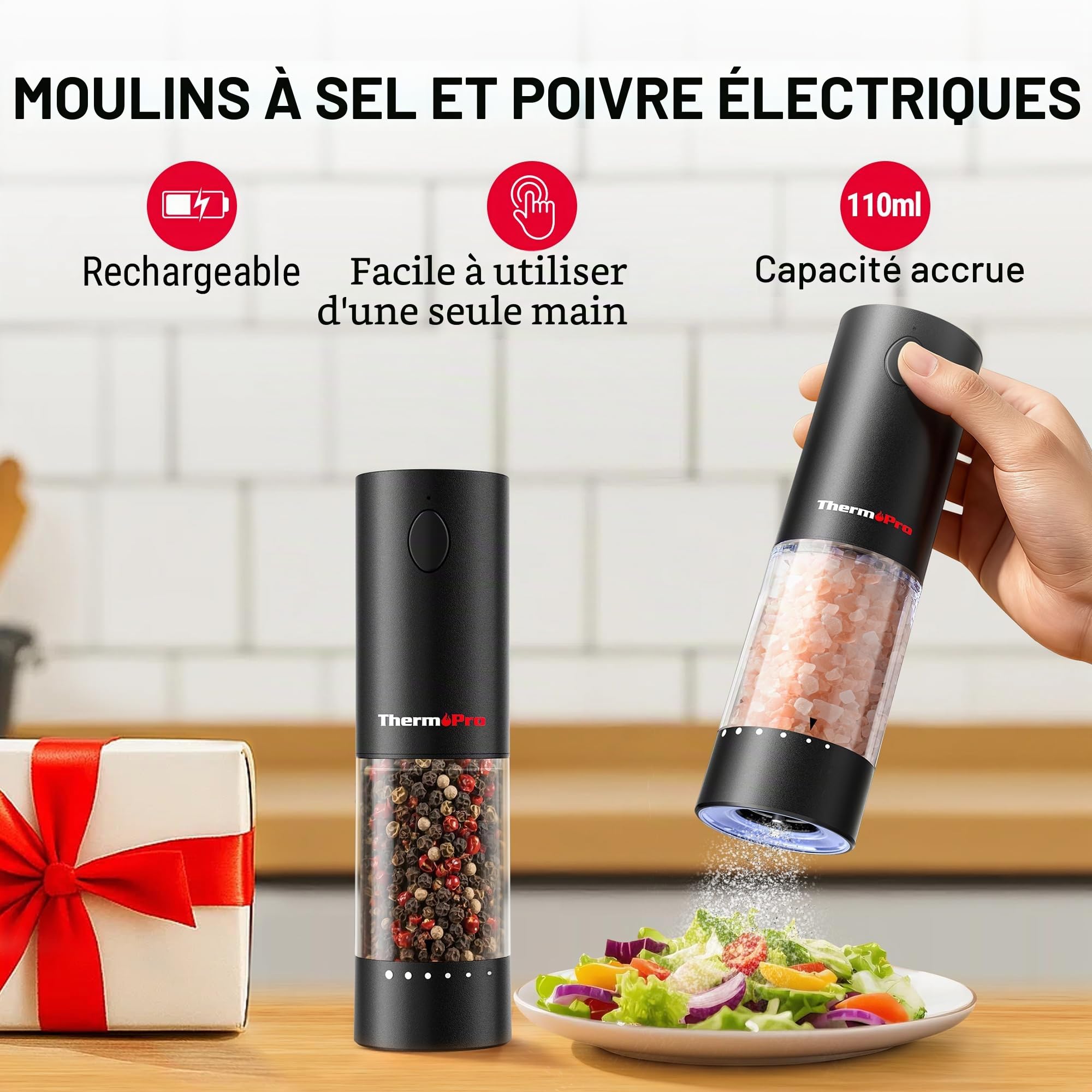 ThermoPro Ensemble de moulins à sel et à poivre électriques rechargeables 110ml avec réglage externe LED