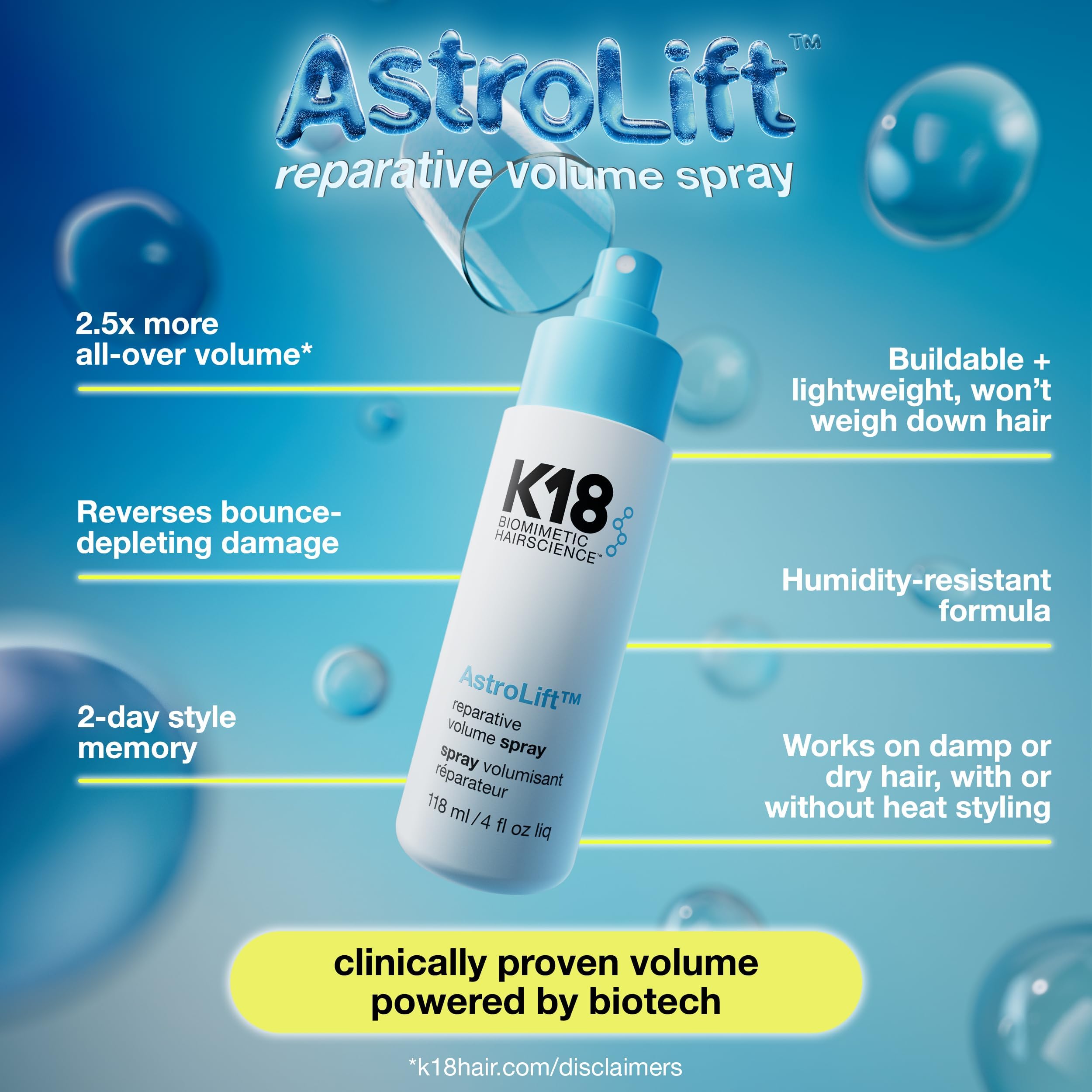 K18 AstroLift™ Spray Voluminizador Reparador, Engrosamiento y Fijación del cabello durante 2 días para cabello fino, delicado y frágil, fórmula no pegajosa ni rígida, spray voluminizador, 47 ml.