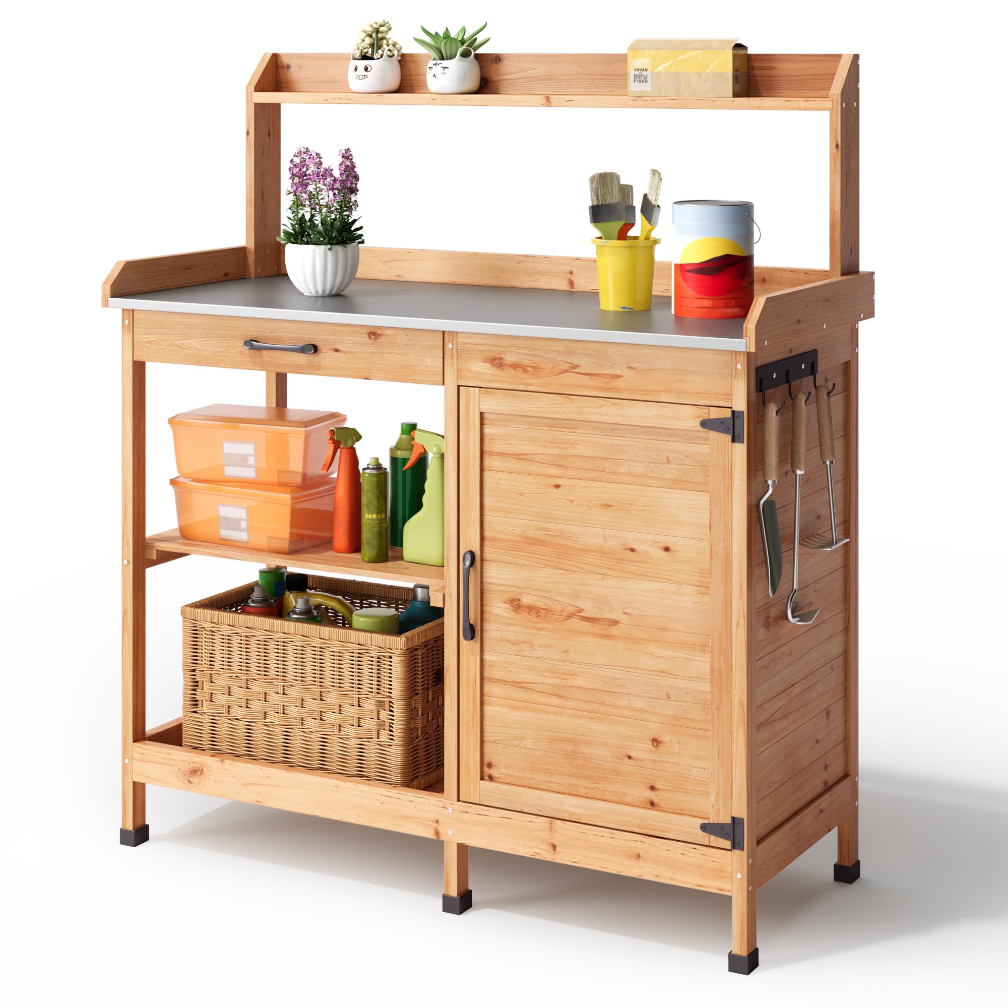 Blishom Table de Jardinage, Table de Plantation avec Tiroirs et Meuble Bas, Table de Travail de Jardin en Bois avec Plan de Travail Galvanisé, pour Jardin, Balcon, Terrasse, 112x46x125 cm, Naturel - 1