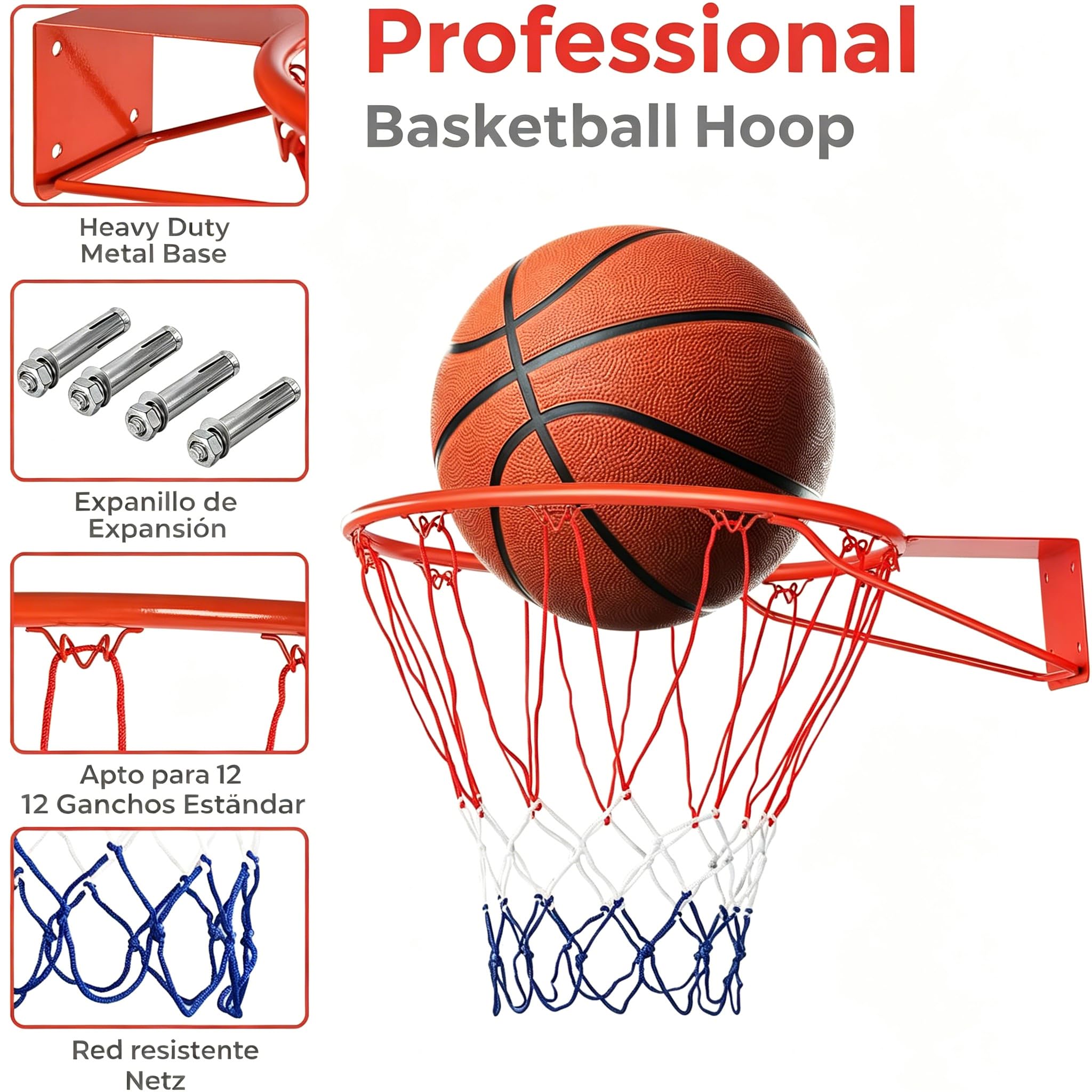 GYMAX Canasta de Baloncesto Montaje en Pared, 45 cm, Red con Anillo de Acero, Resistente Intemperie