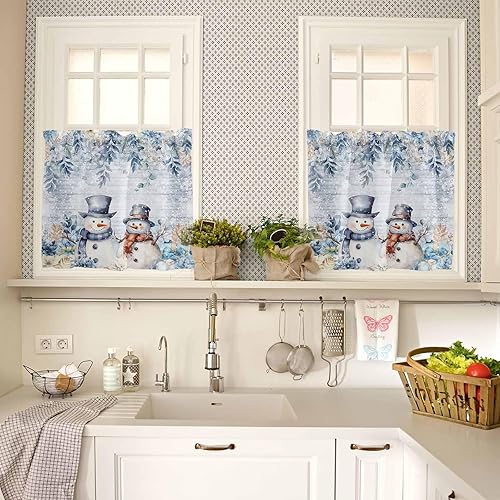 Miniatura 4 de Juego de cortinas de cocina de Navidad de muñeco de nieve azul, medias cortinas cortas de 24 pulgadas de largo, juego de cortinas y cenefa botánicas