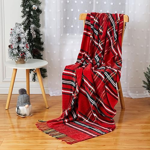 Miniatura 7 de CAROMIO Manta de felpilla a cuadros navideños para sofá, color rojo y verde, manta de punto suave con flecos y borlas para el hogar, sofá, silla y