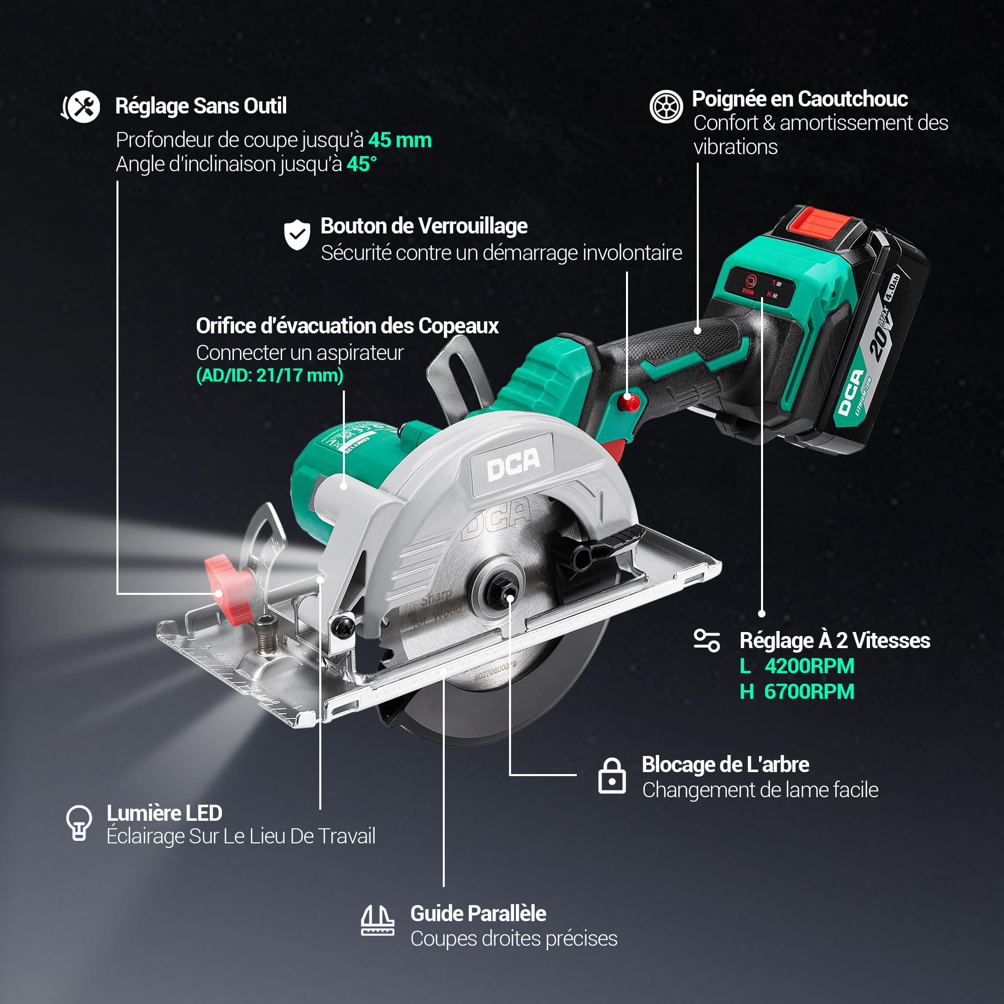 DCA Scie Circulaire Mini Sans Fil Avec 2 Vitesses 6700/4200 RPM, 20V 4,0Ah Batterie, 3 Lames Ø125mm et Rail Guide, Profondeur Coupe 45mm(90°)/33mm(45°), pour Bois, Plastique, PVC