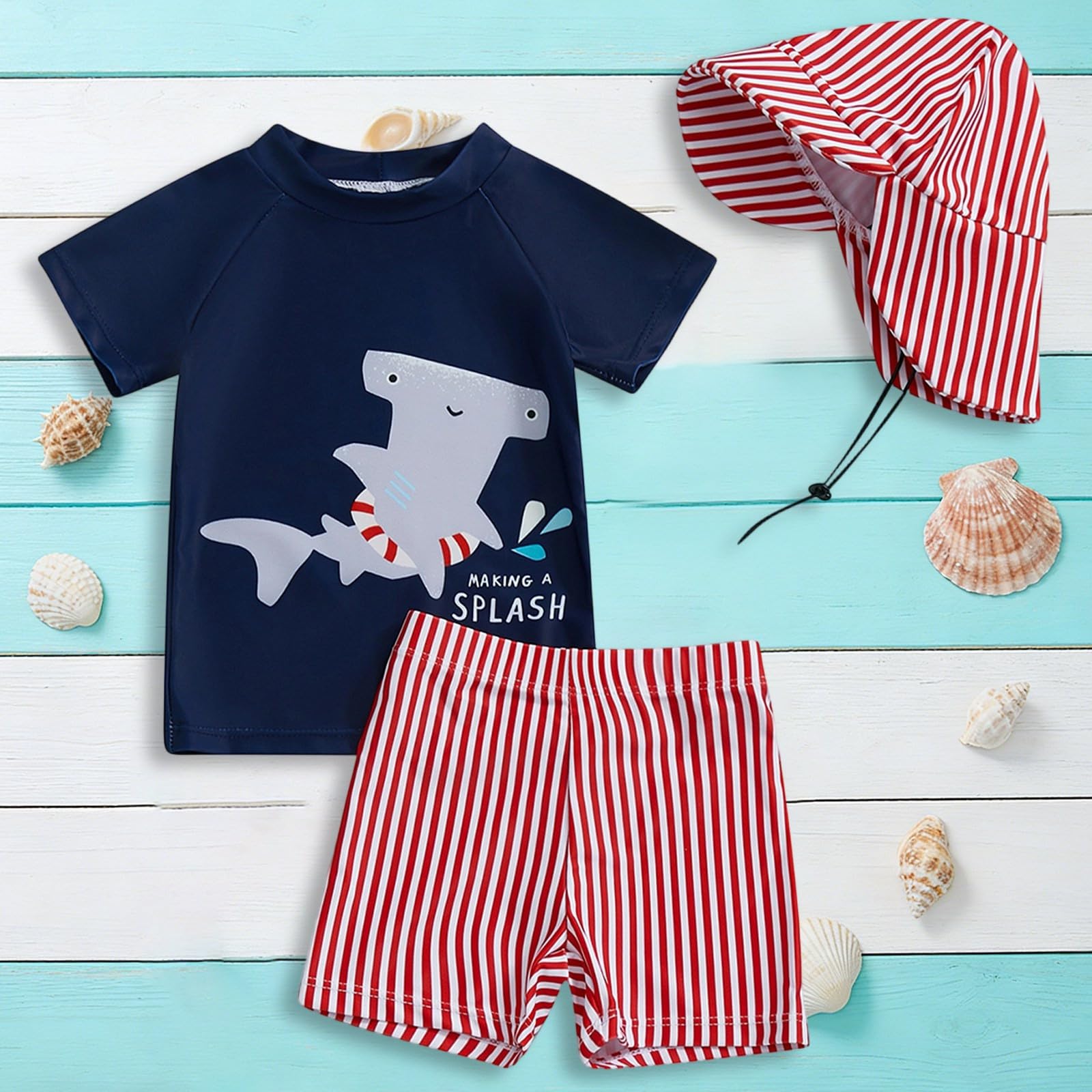 Maillot De Bain Une Pièce avec Chapeau Et Short pour Garçons 3 À 12 Ans Bébé Soleil Vêtement Manches Longues Garçon Slip Swimsuit Trunk and Rashguard Set