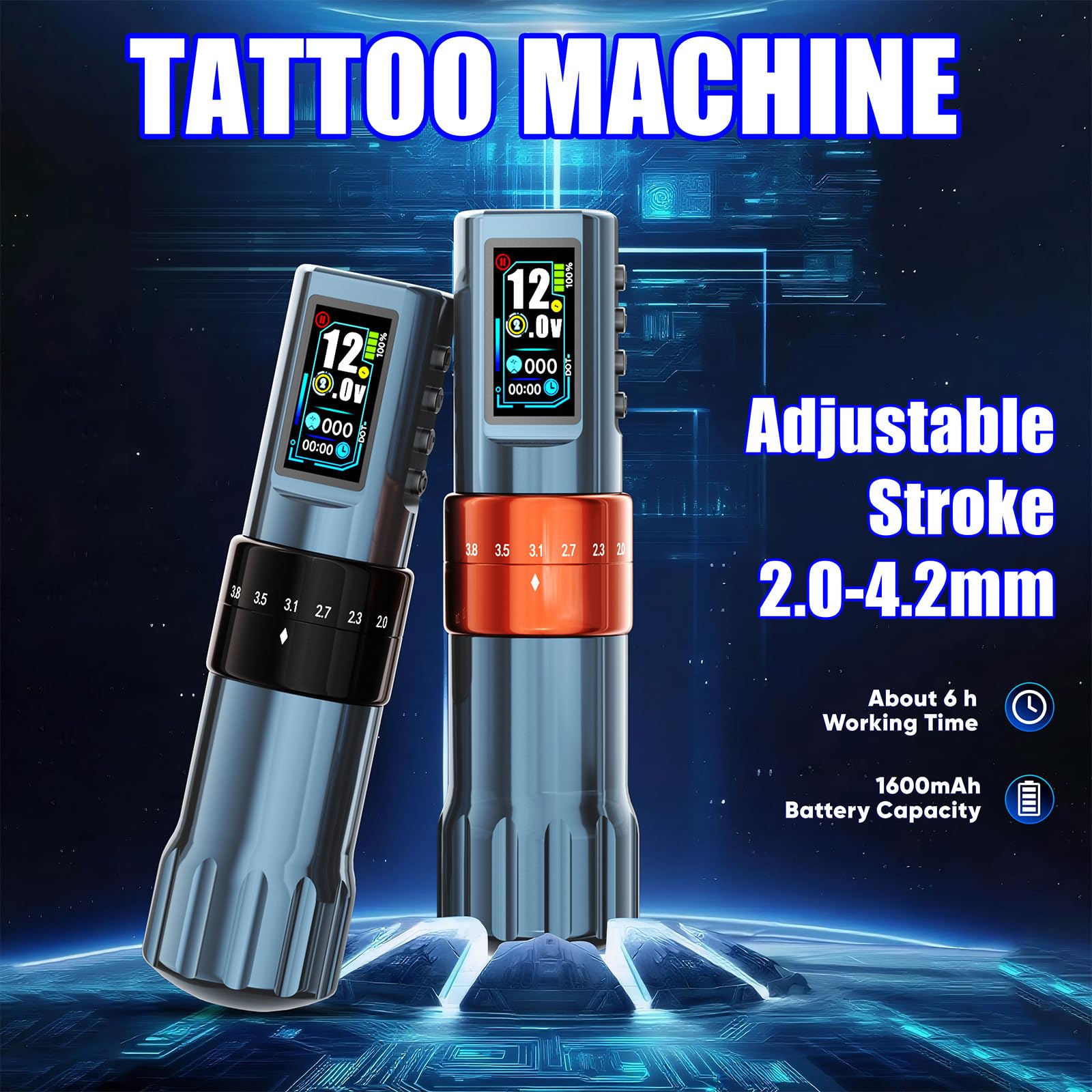 Kit penna rotativa per tatuaggio wireless - Set macchinetta per tatuaggio con corsa regolabile da 2,0-4,2 mm con schermo LCD TFT, alimentatore 1600 mAh,Nero,A