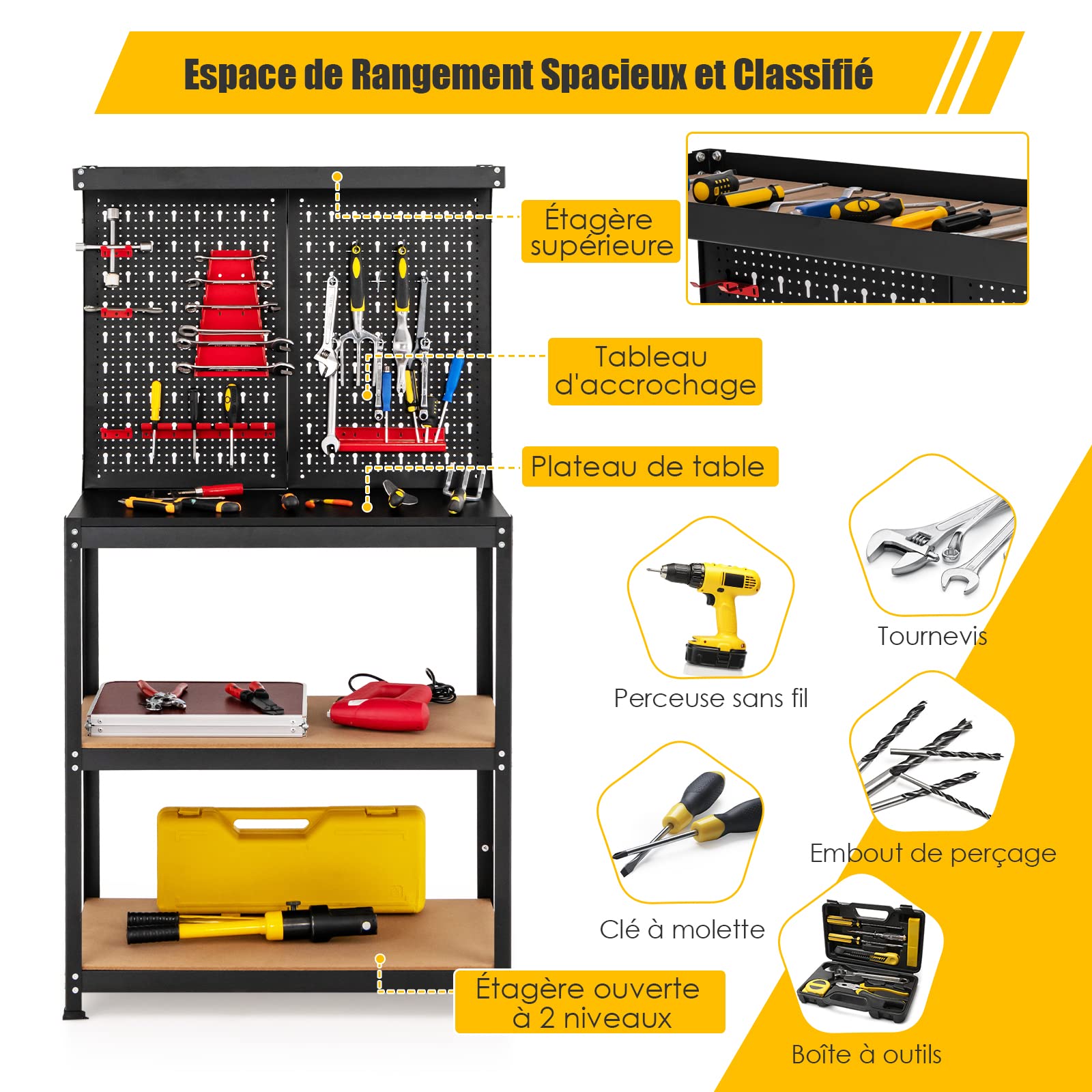CIOUYAOS Lot De 16 Rangement Outils Bricolage Pour Panneau Perforé, Avec 10 Crochets, Plaque Perforée Organiseur Pour Garage, établi De Travail, Passe-temps - Pour Maison, Bureau, Cuisine