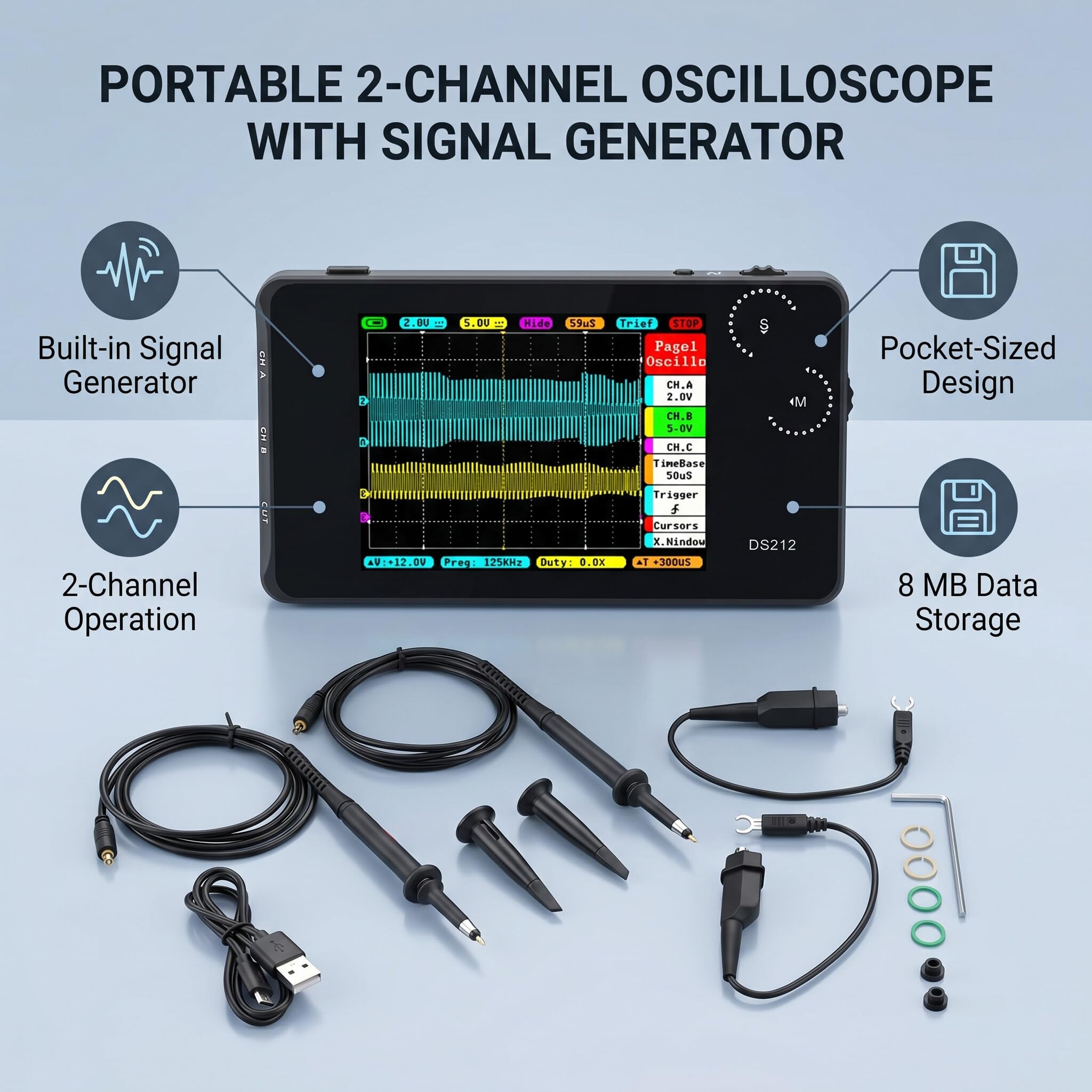 Mini oscilloscopio DS212 Oscilloscopio a memoria digitale portatile Oscilloscopio tascabile a 2 canali con interfaccia USB per riparazioni di ingegneria elettronica
