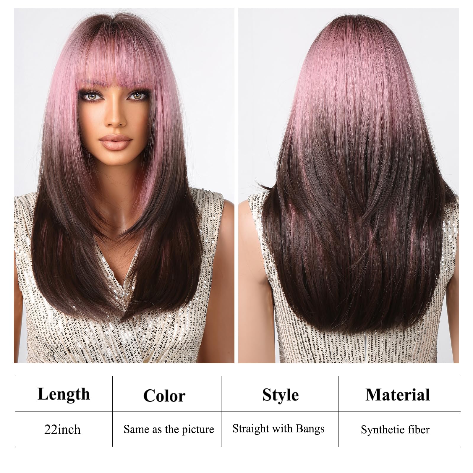 Testar Long Ombre Pink Black Wigs With Thick Bangs - Synthetic Layered Hair Wigs For Daily Use, Ombre Pink to Black, 22 inches - Image 2