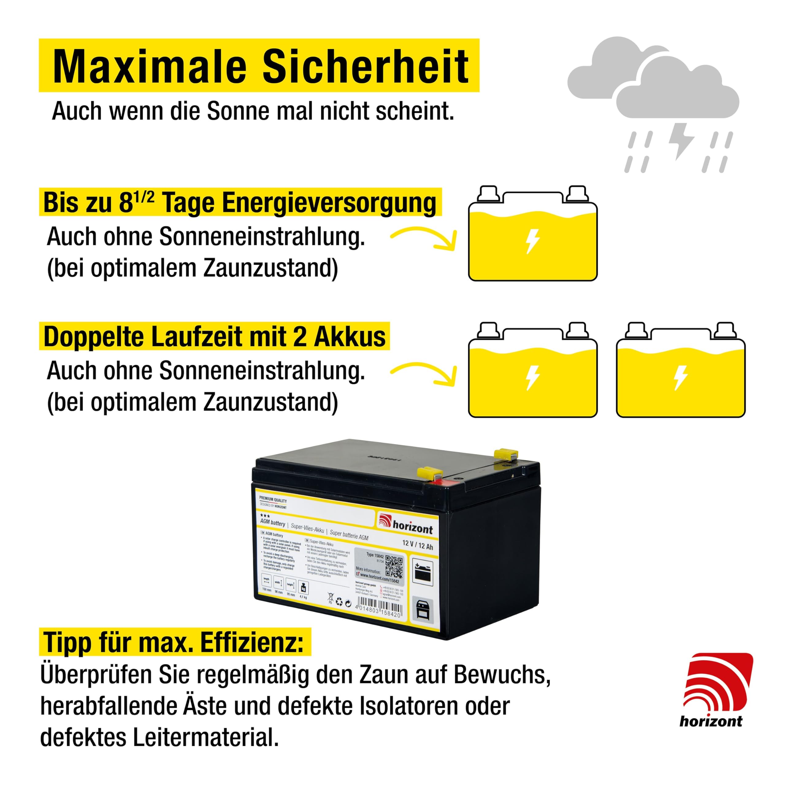 horizont Solar Weidezaungerät 12 V ranger ® AS1800SC - mit integriertem 15 W Solarpanel und 12 Ah Akku - für Zaunlängen bis zu 14 km oder 8 Elektronetze á 50 m, 11.800 V maximale Spannung