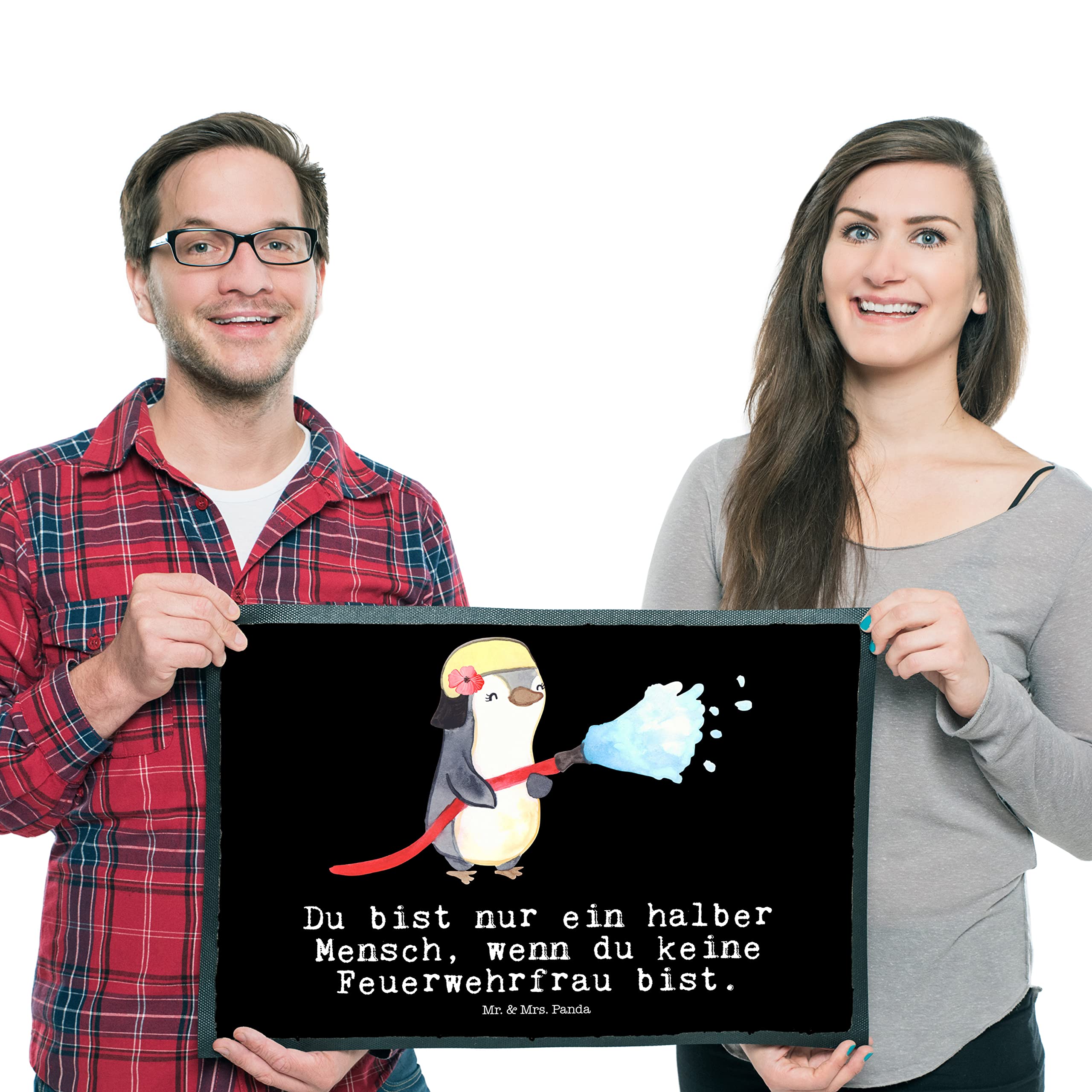 Mr. & Mrs. Panda 50 x 75 cm Fußmatte Feuerwehrfrau Herz - Geschenk, Fußabtreter, Kollege, Haustürmatte, Brandschutz, Vorleger, Jubiläum, Fußmatte