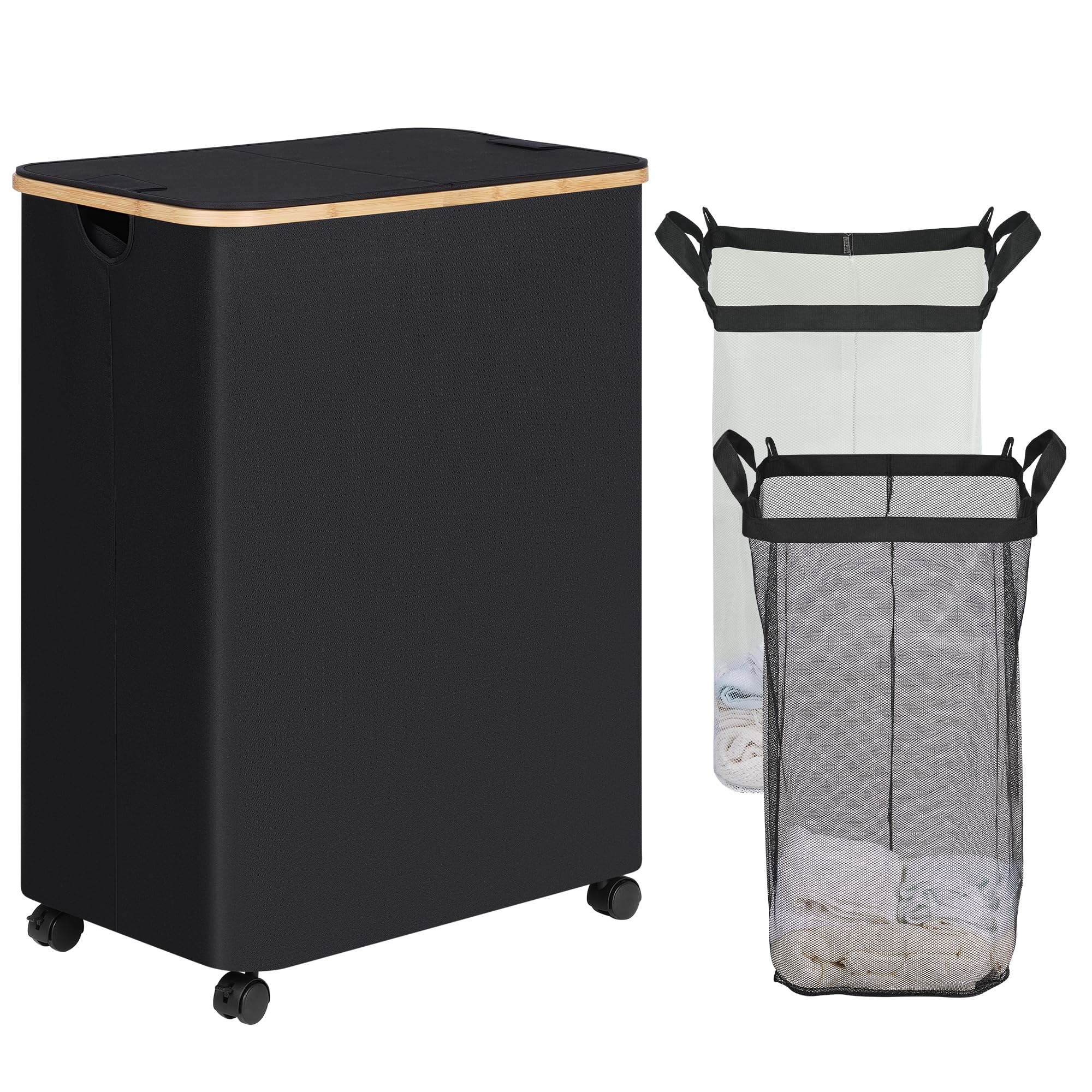efluky Double Laundry Hamper with Wheels, Divided Laundry Hamper with Removable Bags, 2 Section Dirty Clothes Basket with Handles for Bathroom, Bedroom &amp; Laundry Room, 160L Dark Black