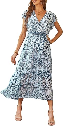 PRETTYGARDEN Women's Summer Floral Boho Maxi Dress Wrap Short Sleeve V Neck Ruffle A-Line Flowy Wedding Guest Long Dresses
