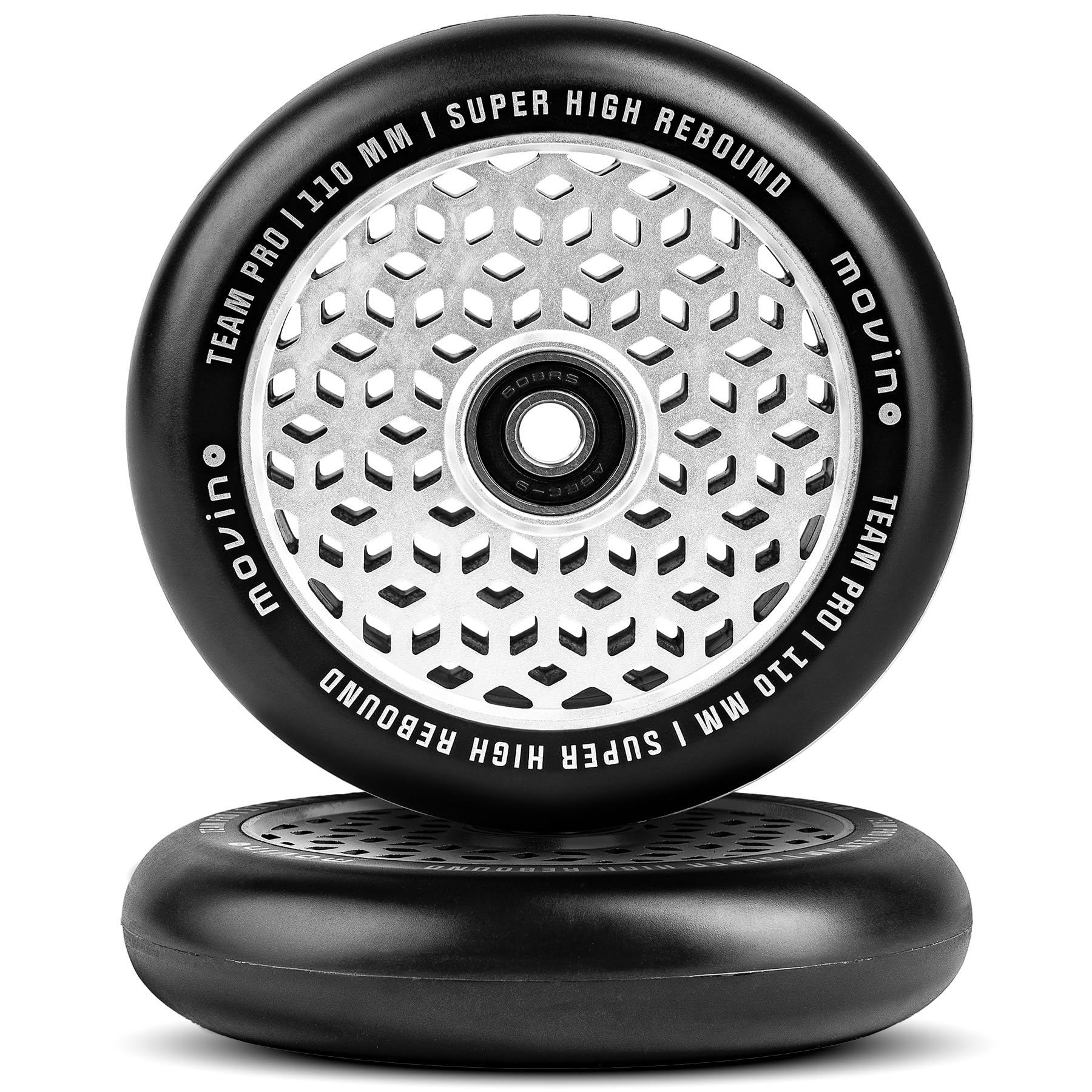 Movino Roues de Trottinette Freestyle - Roues de Rechange - Roulements ABEC-9 - Polyuréthane 88A - Honey Core - Noir et Argent - 110 mm