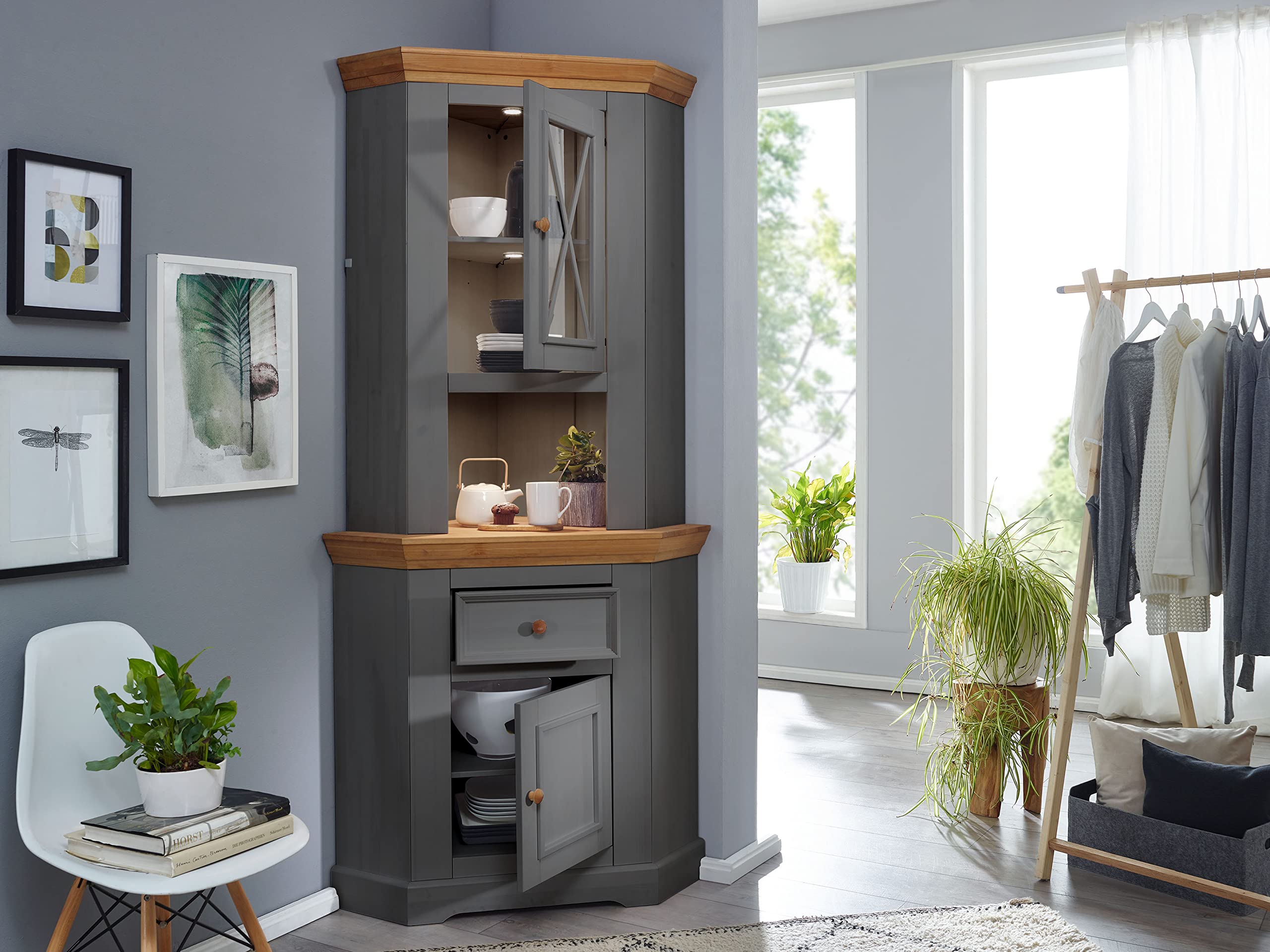 Woodroom Buffet Oslo in Kiefer massiv grau (BxHxT 104x214x69 cm), Eckanrichte