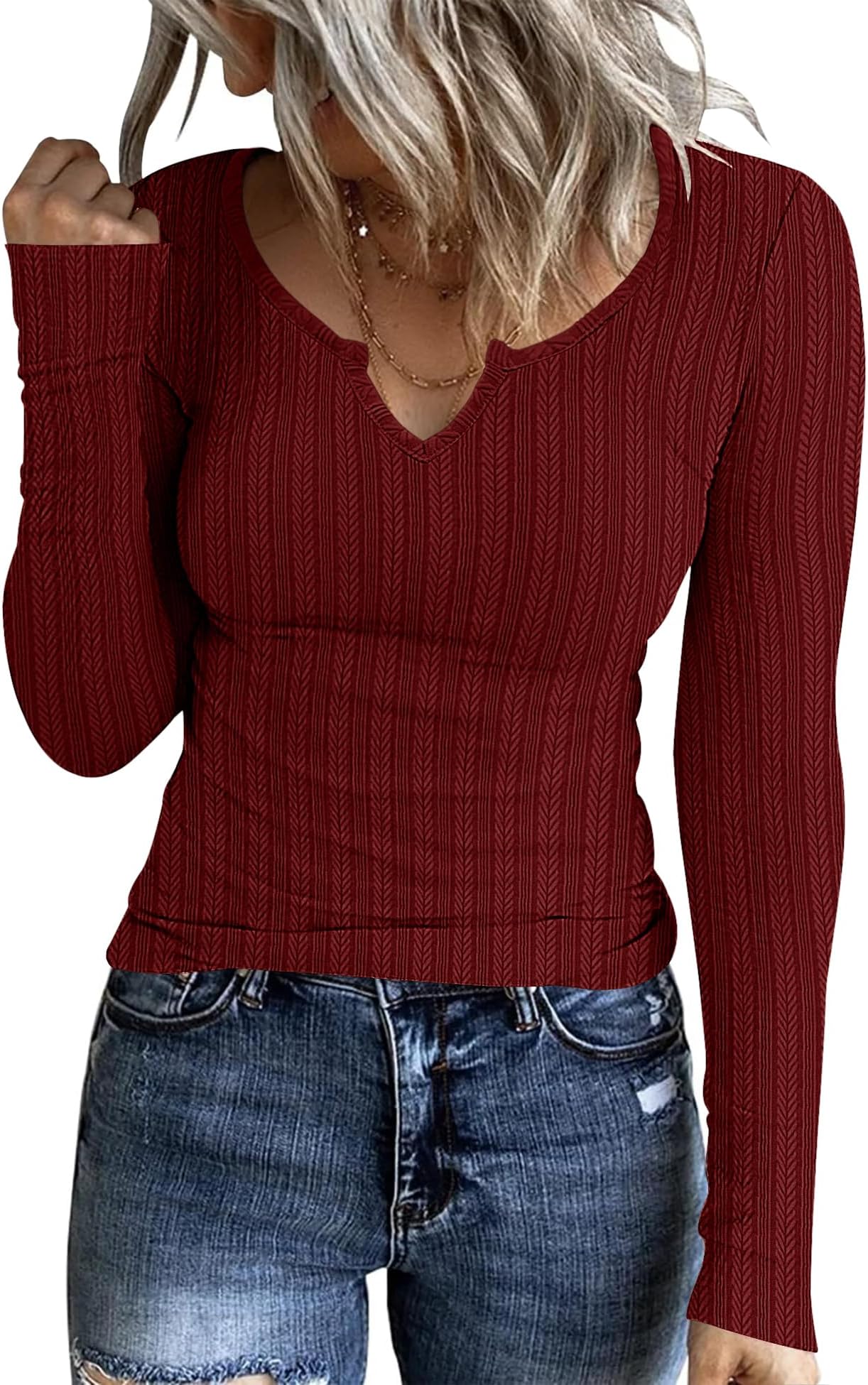 IvicoerWomen Ribbed Long Sleeve Shirt V Neck Layering Tops Fitted Knit Blouse