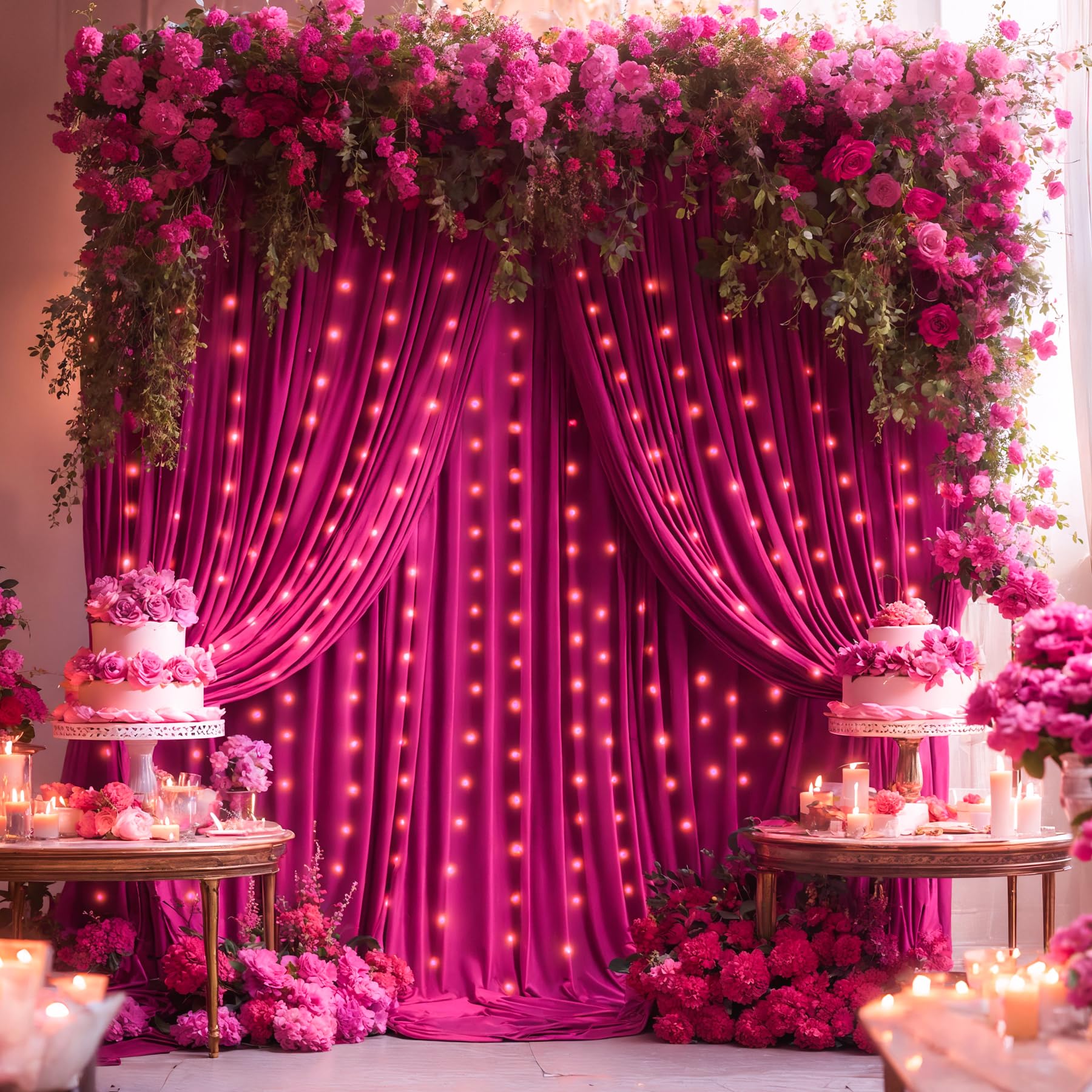 10x10ft Rose Backdrop Curtains with Lights Wrinkle Free Fabric Backdrop Curtain for Wedding Birthday Party Baby Shower Photo Shoot Bridal Shower Home