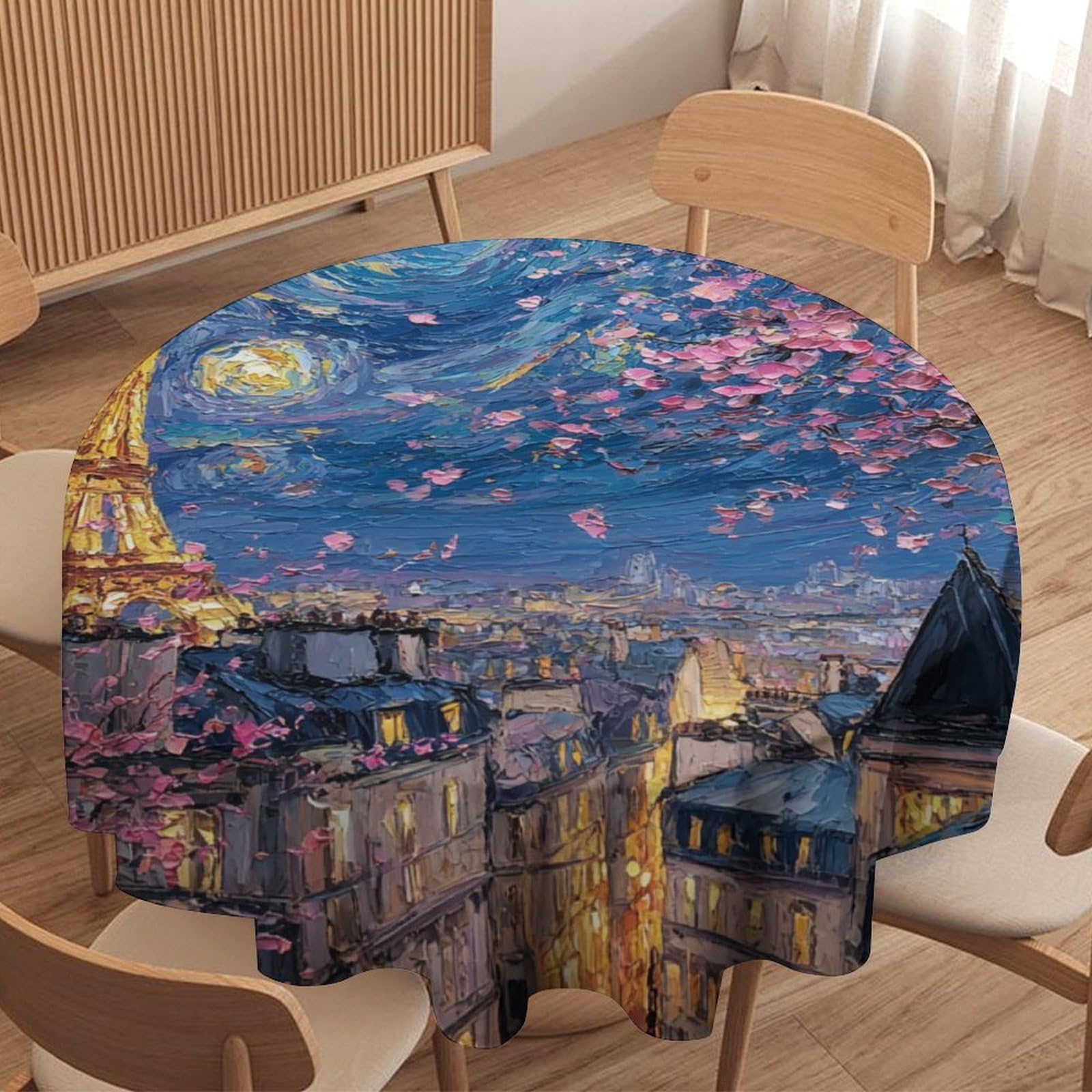 LUYYSKY Fantasy Abstract Eiffel Tower Round Tablecloth Classic Colorful Starry Sky Galaxy Paris Tower Cherry Blossom Trees Washable Decor for Table Cover for Kitchen-177.8" Wx177.8 L cm