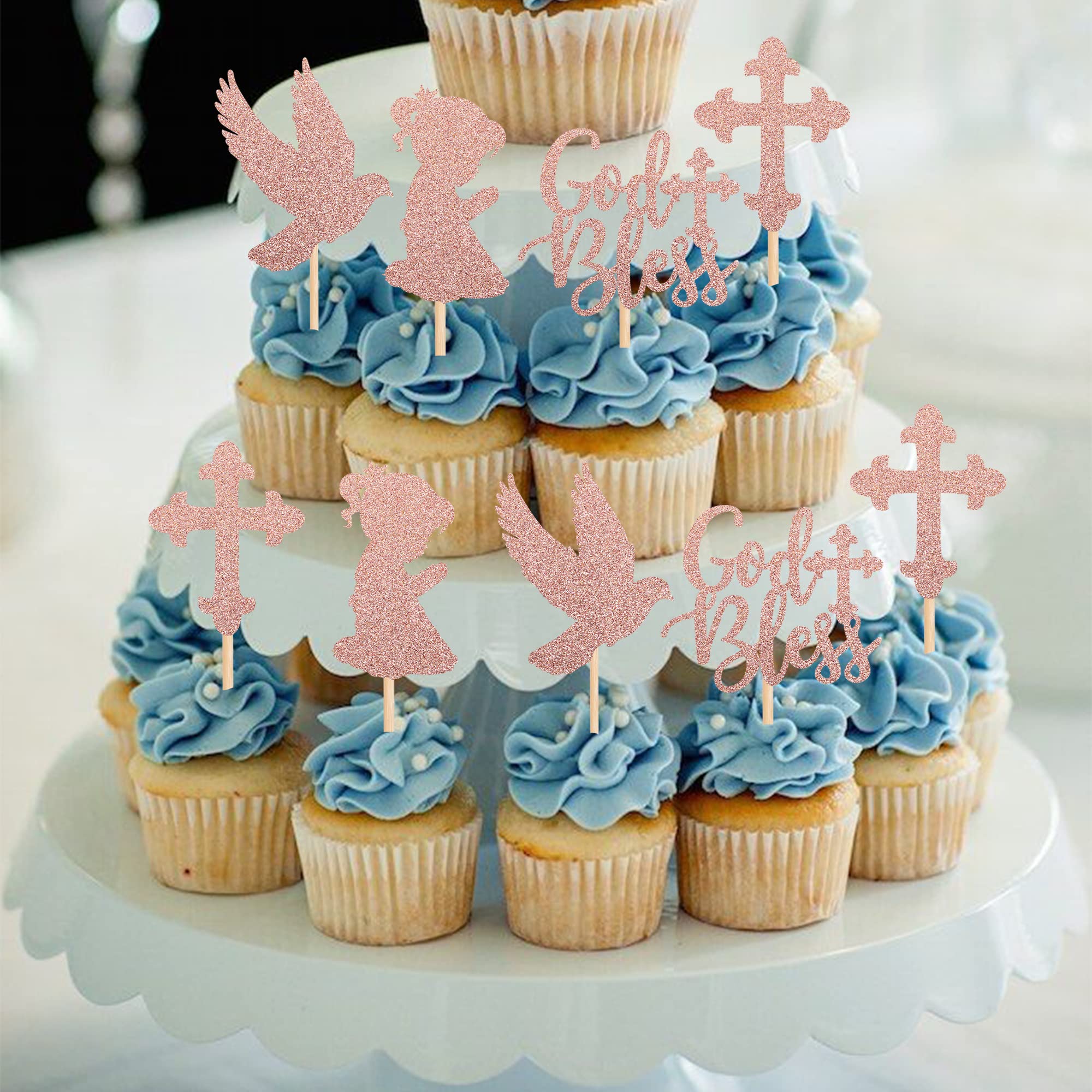Gyufise 24Pcs Ragazza Argento Bless and Battism Cupcake Toppers Glitter Croce Cupcake Picks Prima Comunione Cristiano Battesimo a Tema Festa Decorazioni Forniture Argento