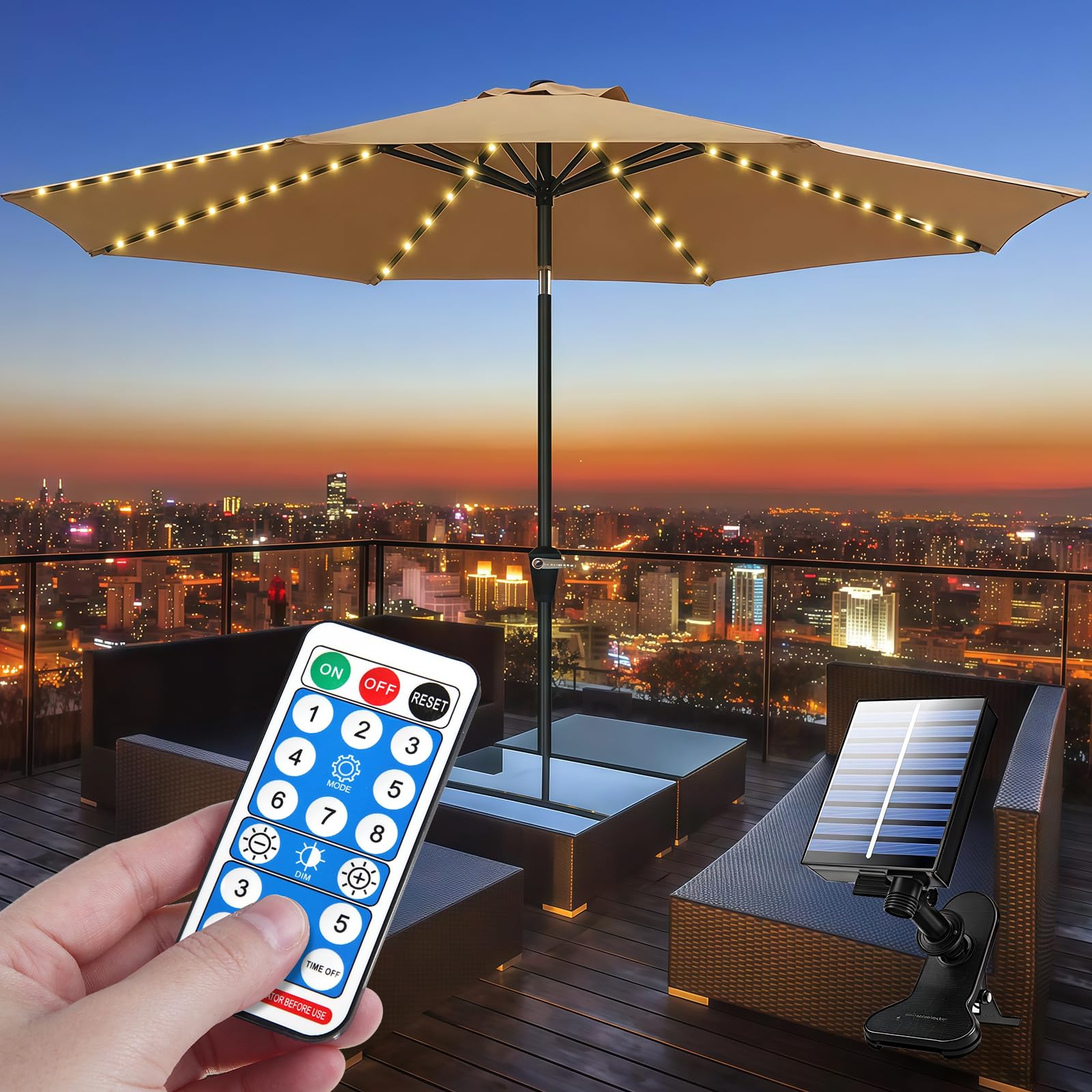 Porfoyo Warm White Solar Parasol Fairy Lights, Parasol Lighting With Remote Control, Led Parasol Lights, 8 Modes, 104 Leds, Umbrella Lights, Ip67 Waterproof Garden Lights, Canopy Decorative Strip Lights