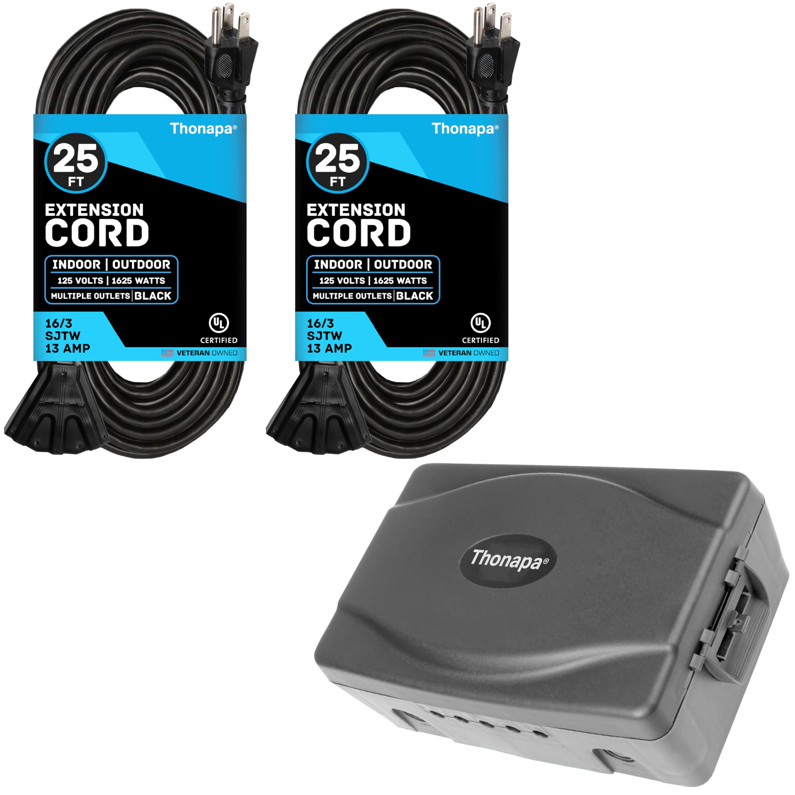 Thonapa 2 Pack 13 Amp 3 Outlet Outdoor Extension Cord 25 ft & Outdoor Electrical Box, Weatherproof Power Cord Protector for Electrical Connections, IP54 Great for Timers, Power Strips, Landscape Light