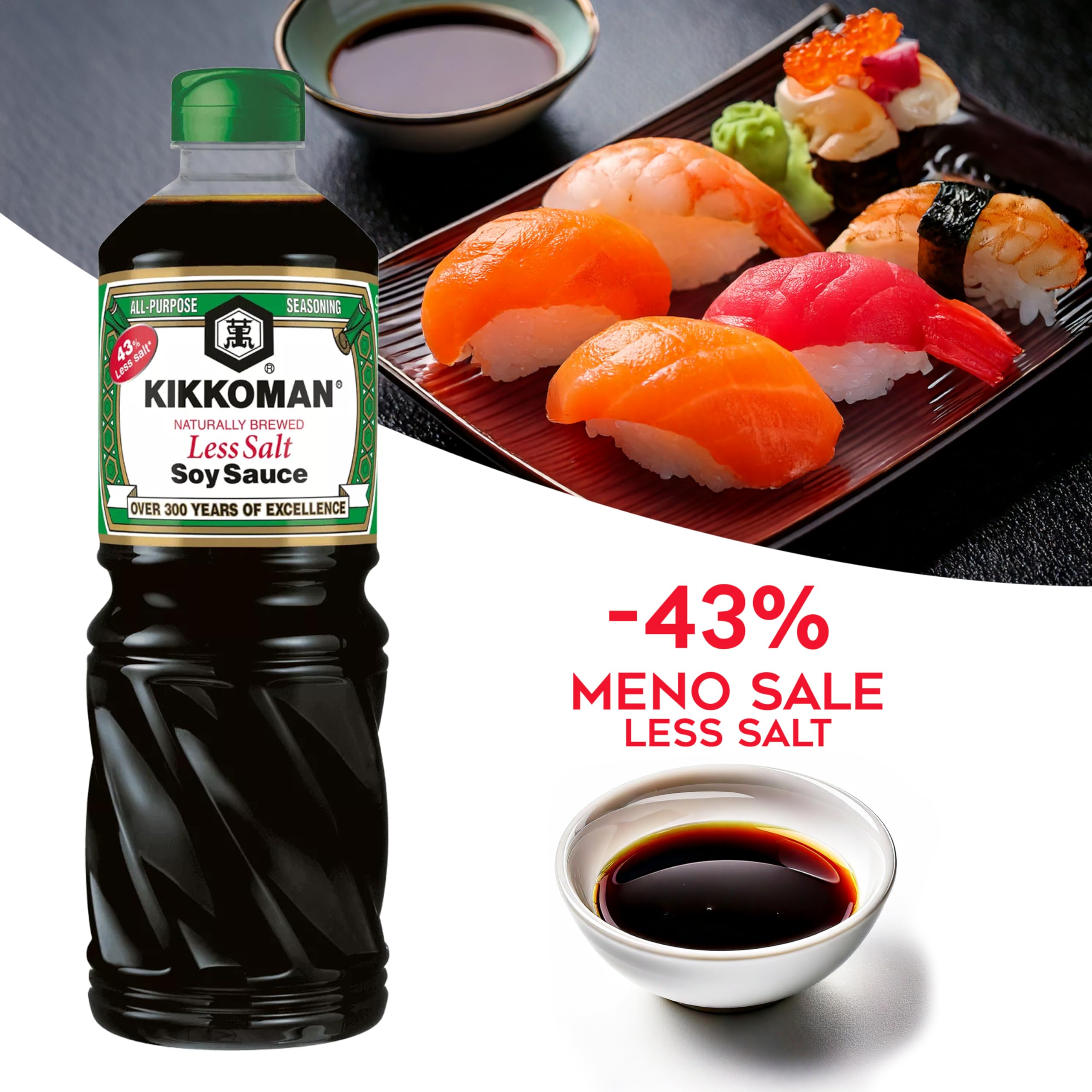 6 x Salsa di Soia da 975 ml, Soy Sauce Less Salt, a Basso Contenuto di Sale, Multipack Formato Convenienza - 6 pz x 975 ml