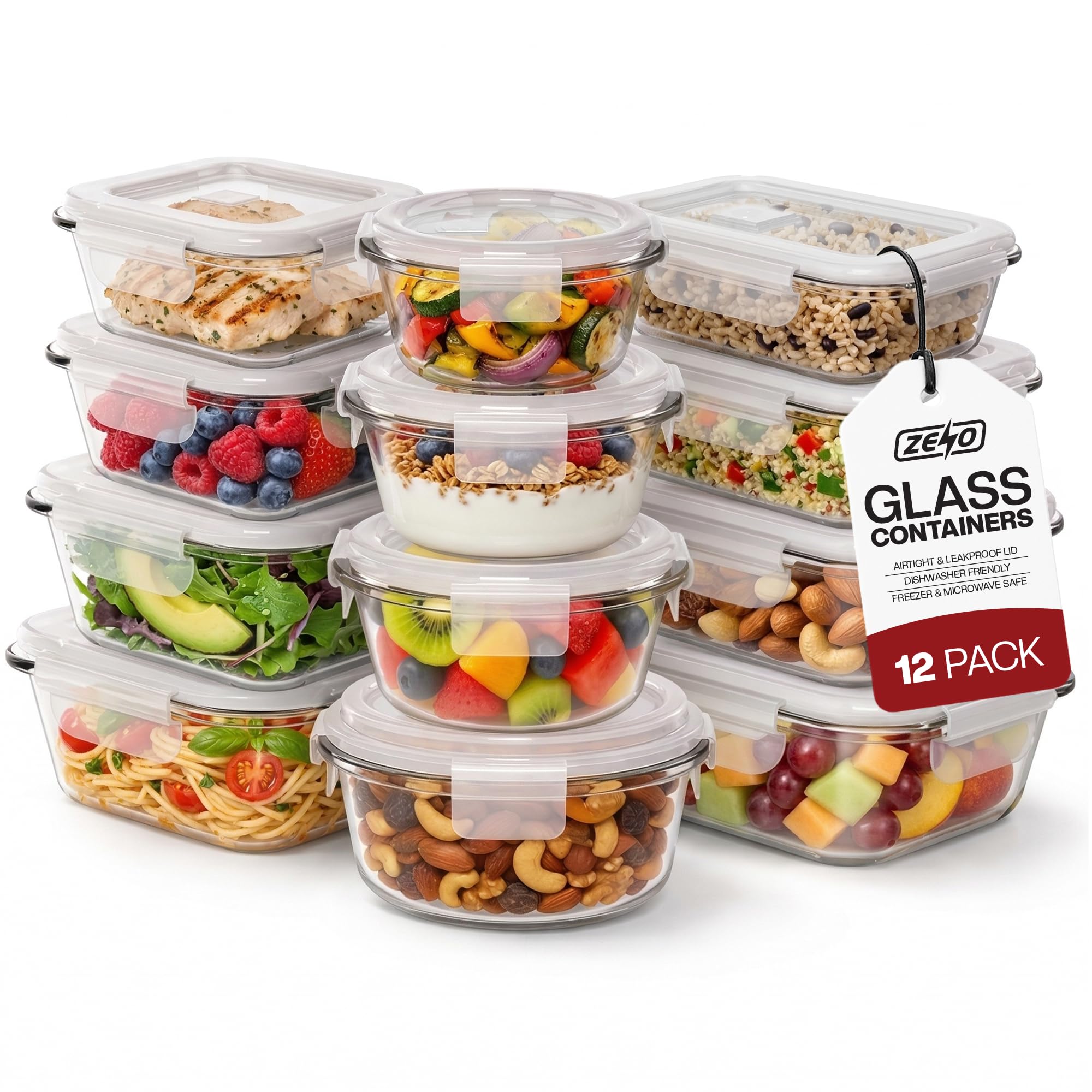 Zeno Transparent Glass Containers With Lids 12 Pack | Meal Prep Containers | Glass Food Container With Lid, Airtight Seal, Leakproof Lid | Dishwasher Safe | Freezer & Microwave Safe | Food Grade Material