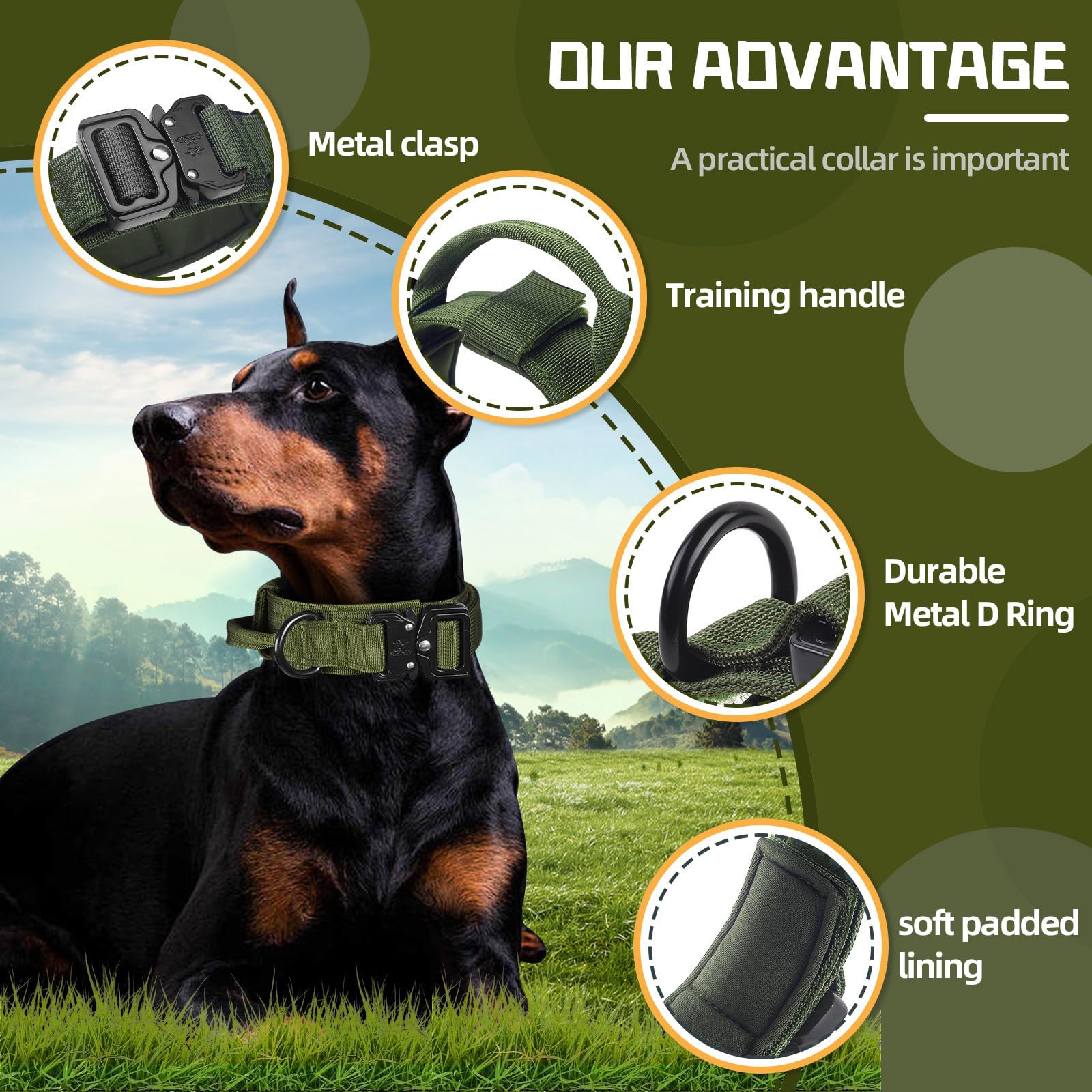 PET'S HUB Nylon Dog Collar with Safety Buckle, Adjustable Pet Collars with Soft Neoprene Padding, Dog Collar. (Army Green, Medium) - Image 3