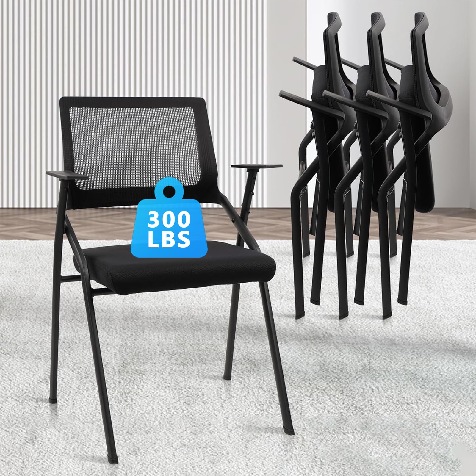 CLATINA Stackable & Foldable Office Chairs with Ergonomic Lumbar Support and Thickened Seat Cushion, Folding Mesh Fabric Reception Guest Chair for School Church Conference Waiting Room Black (4pk)
