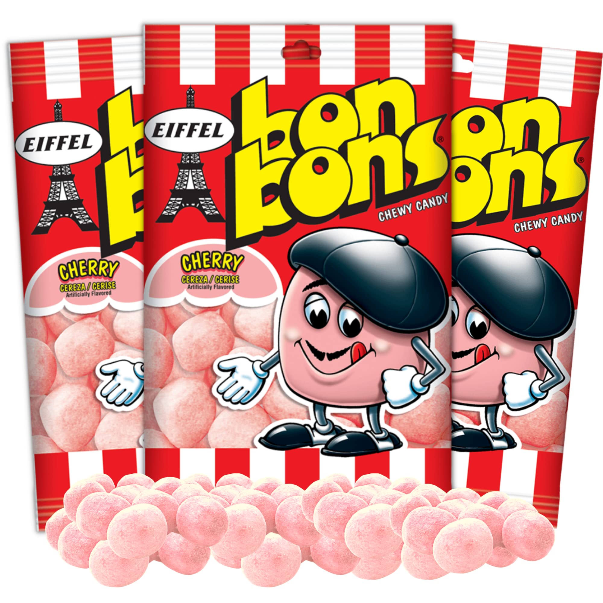 Cherry Red Bon Bons Chewy Candy, Shareable Bite Size Candies, Cute Christmas Stocking Stuffer, Pack of 3