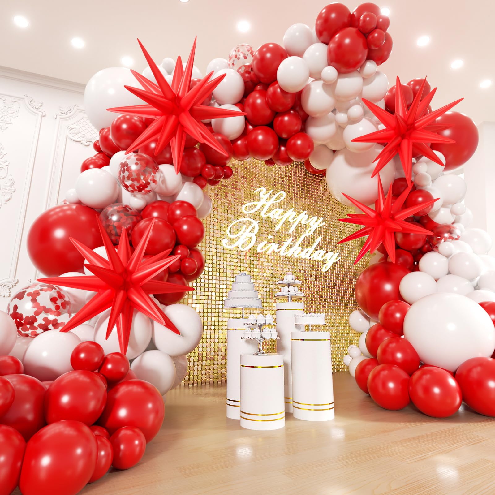 EICUECUE Red and White Balloons Garland Arch Kit with Stars 200Pcs - 5 10 12 18 22 inch Balloon and Confetti Balloons for Valentine's Day Christmas Engagement Birthday Anniversary Party Decorations