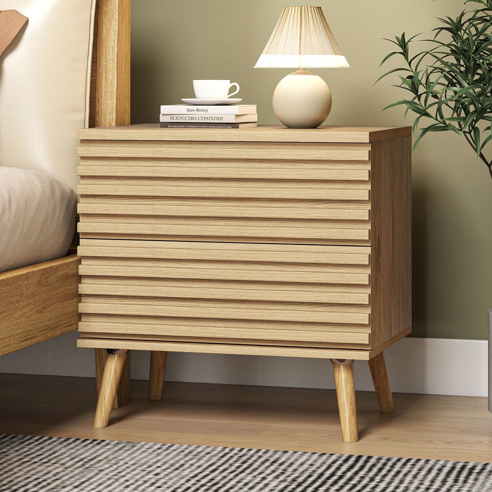 BREEZEHEAT Fluted Dresser and Nightstand Sets 3 Piece–23" Wide End Table Set-Mid Century Modern Wood Bedside Table with 2 Large Drawers, Accent Side Table for Bedroom, Living Room, Natural Oak