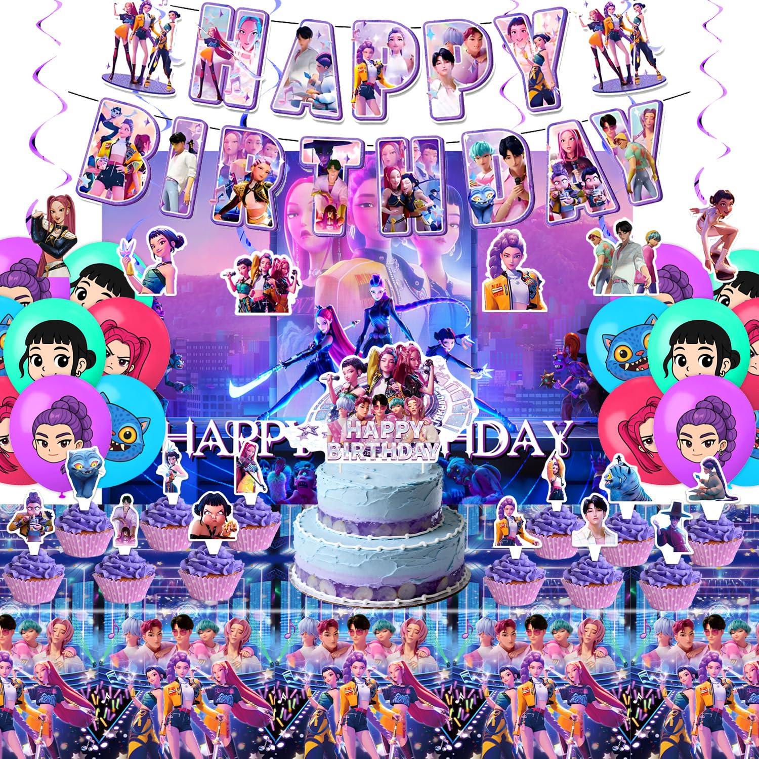 Photo 1 of AIXPROBEAD Demon Hunters Birthday Decorations, Party Supplies Set Include Banner, Backdrop, Balloons, Hanging Swirls, Cake Cupcake Toppers, Tablecloth for Boys Girls Kpop Theme Party