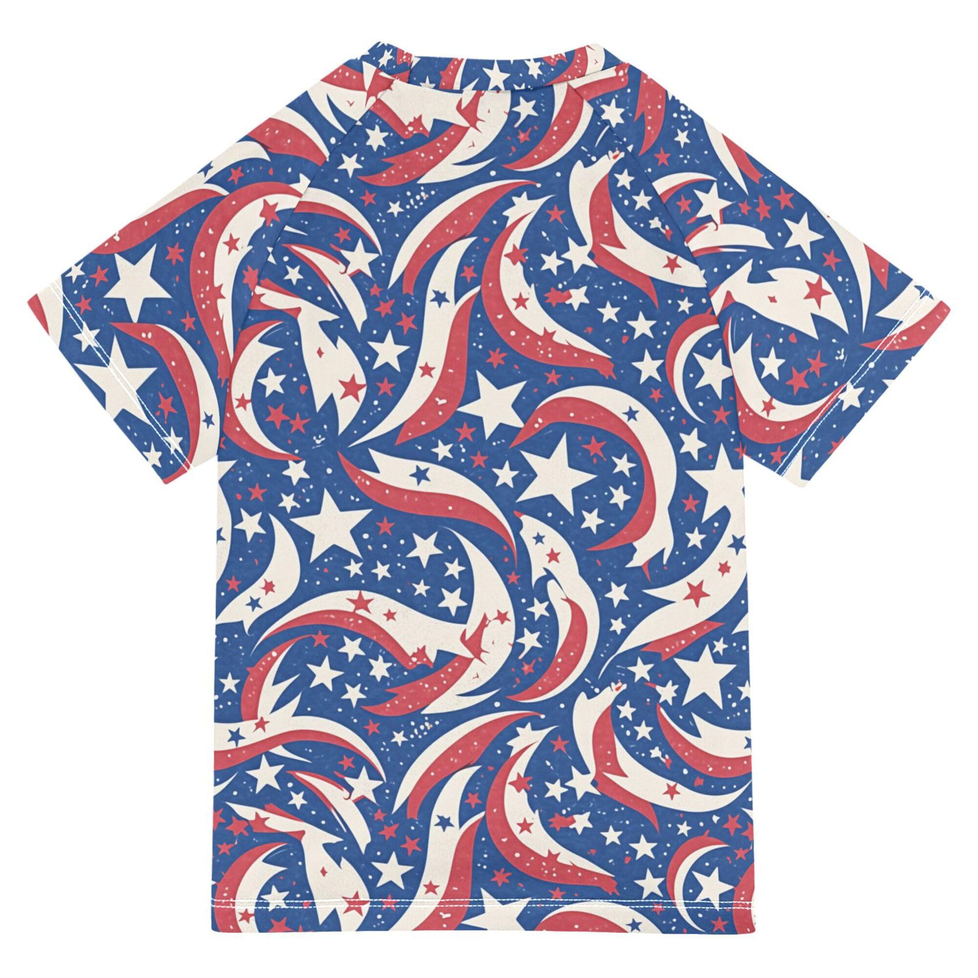 Wudan American Flag with Stars Stripes Blue Girl Bathing Suit Short Sleeves Childrens Bathing Suits Swimwears Work Out Clothes for Little Boy 5-6T