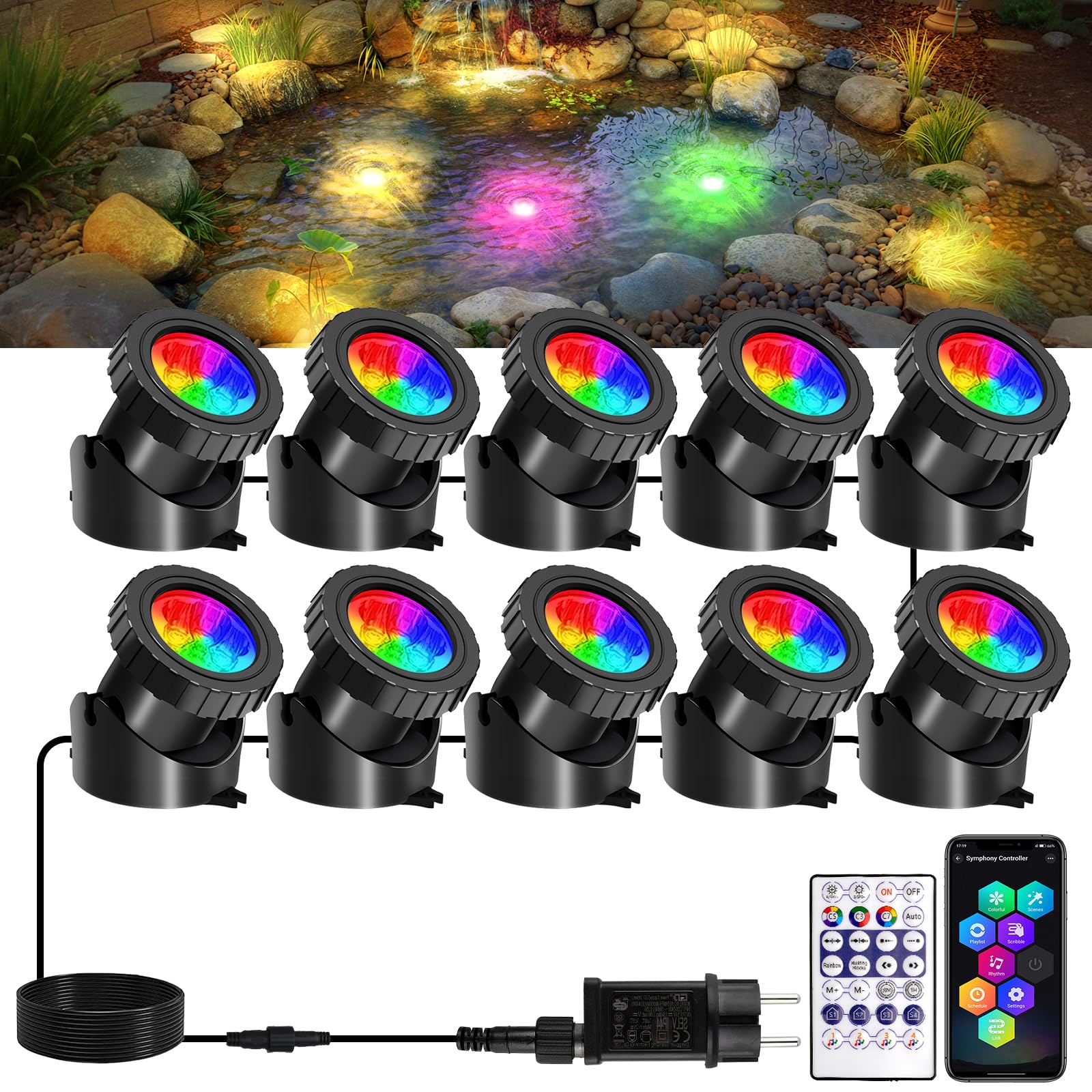 Luces Subacuáticas RGB Estanque, T-SUNUS Luz Estanques Subacuática Paisajes IP68, Control Remoto Vía APP Bluetooth, LED Sumergibles Cambian Color para Piscinas Patios Jardines Árbol, 10 in 1