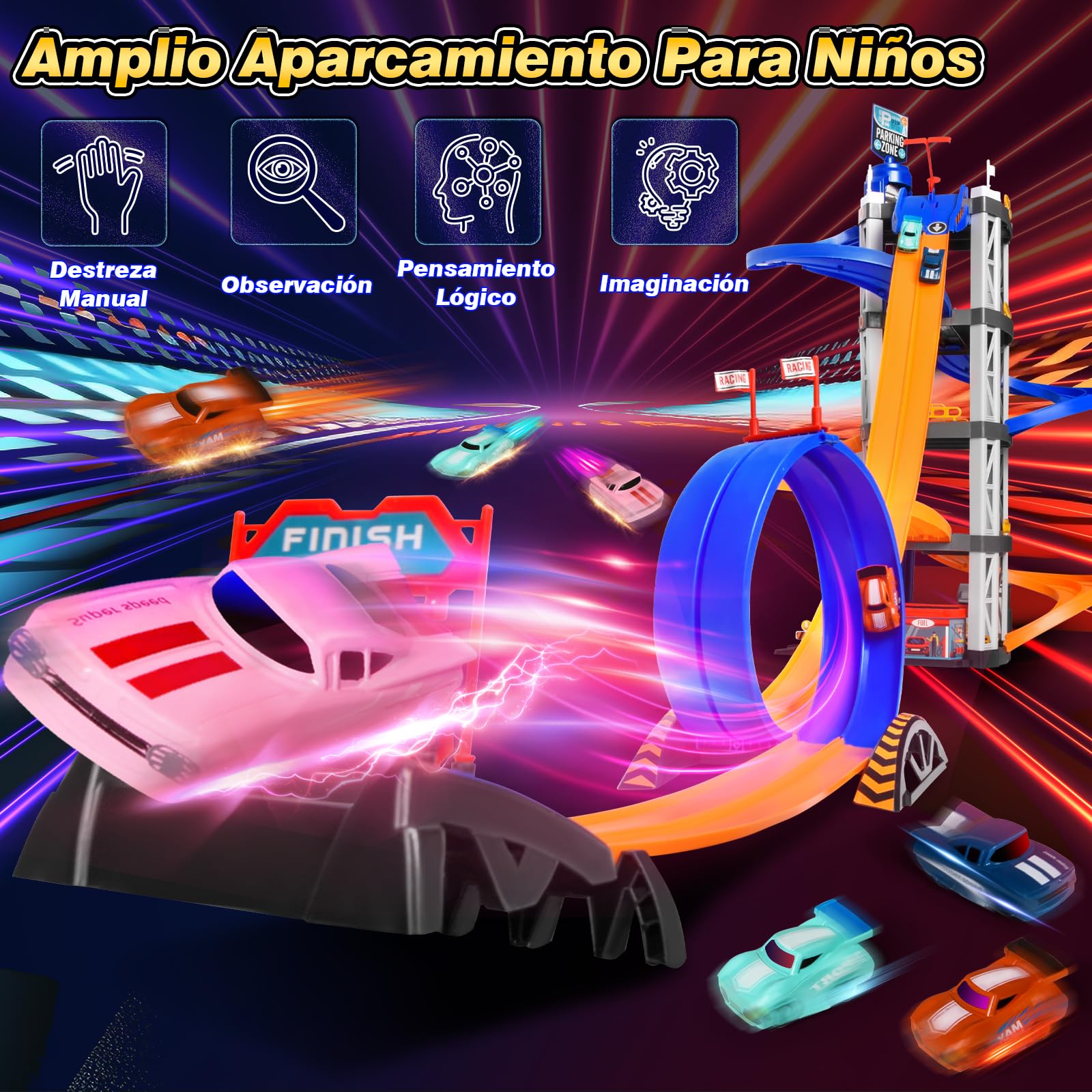 Charmofun 5 Plantas Garaje Coches Juguete, Parking Coches Juguete Gran Parking Infantil con 8 Autos, Ascensor, Rampa Doble, Luz Y Sonido, Pista Coche Niños 3 4 5 6 7 8 Años