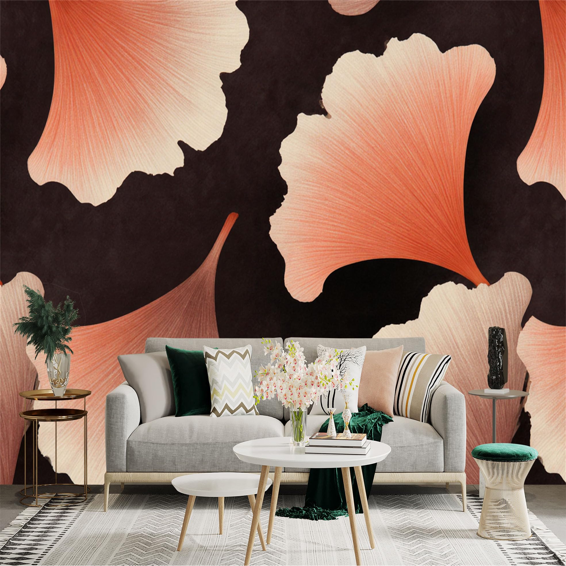 Custom Size Wall Sticker Mural， Abstract Ginkgo Biloba Leaves， Modern Botanical Pattern， Elegant Peach and Black Tones， for wall Decoration， peelandstick wall Decals.